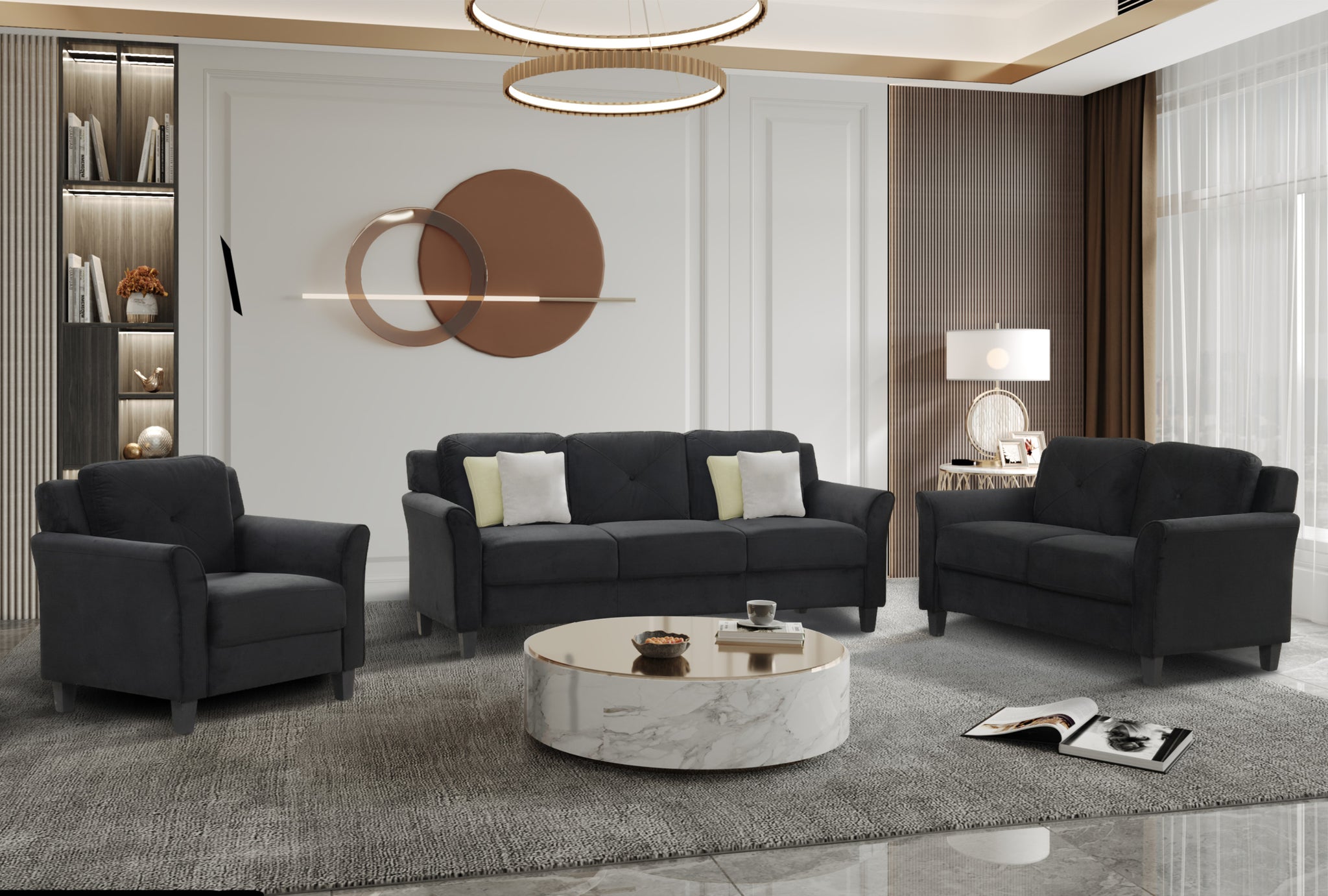 Fashion Living Room Three Piece Sofa Set, Living Room Set Antique Black Polyester