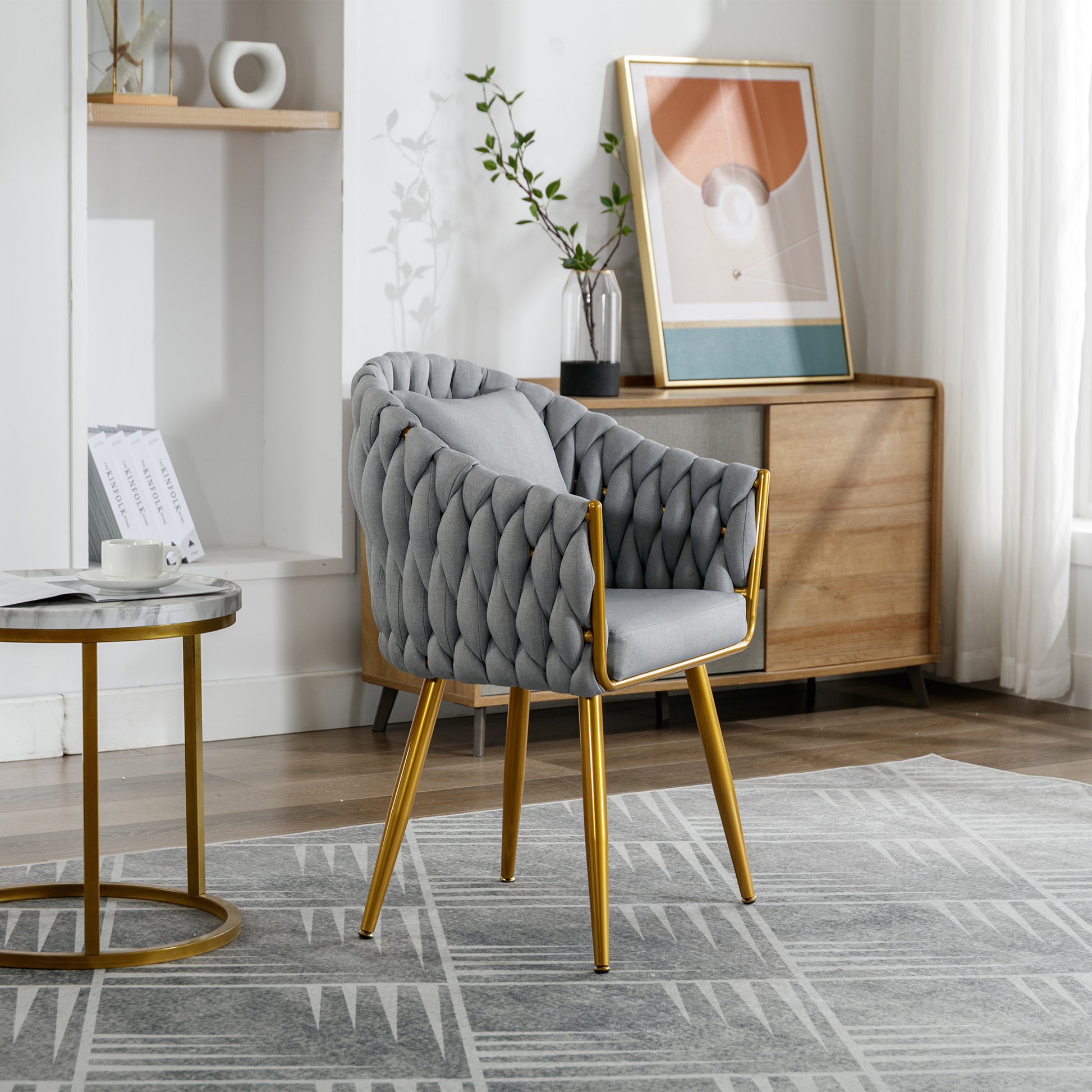 Handwoven Modern Chairs, Casual Chairs, Universal Foot Nails, Metal Chair Legs With Pillows Grey Grey Primary Living Space Linen