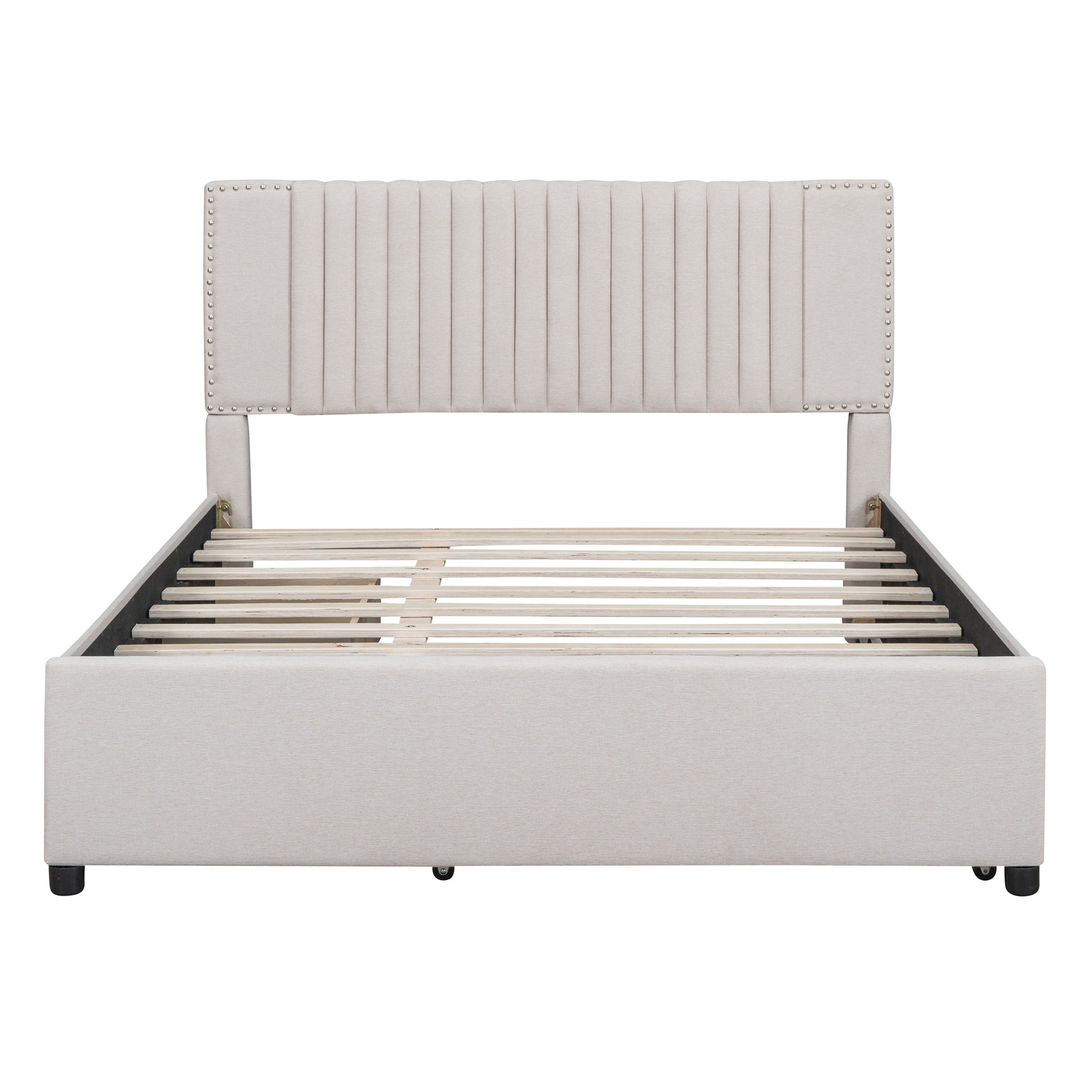 Queen Size Upholstered Platform Bed With 2 Drawers And 1 Twin Xl Trundle, Classic Headboard Design, Beige Beige Linen