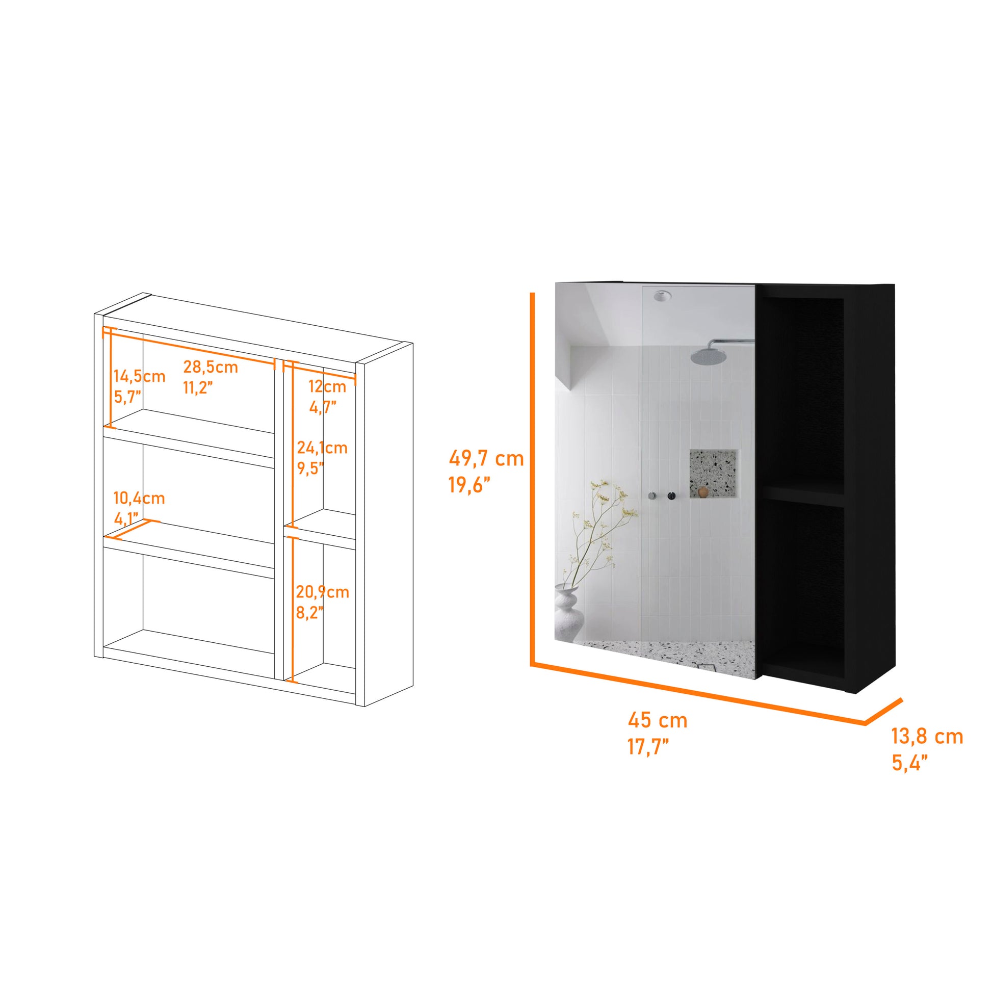 Medicine Cabinet Mirror Clifton, Five Internal Shelves, Black Wengue Finish Black Particle Board