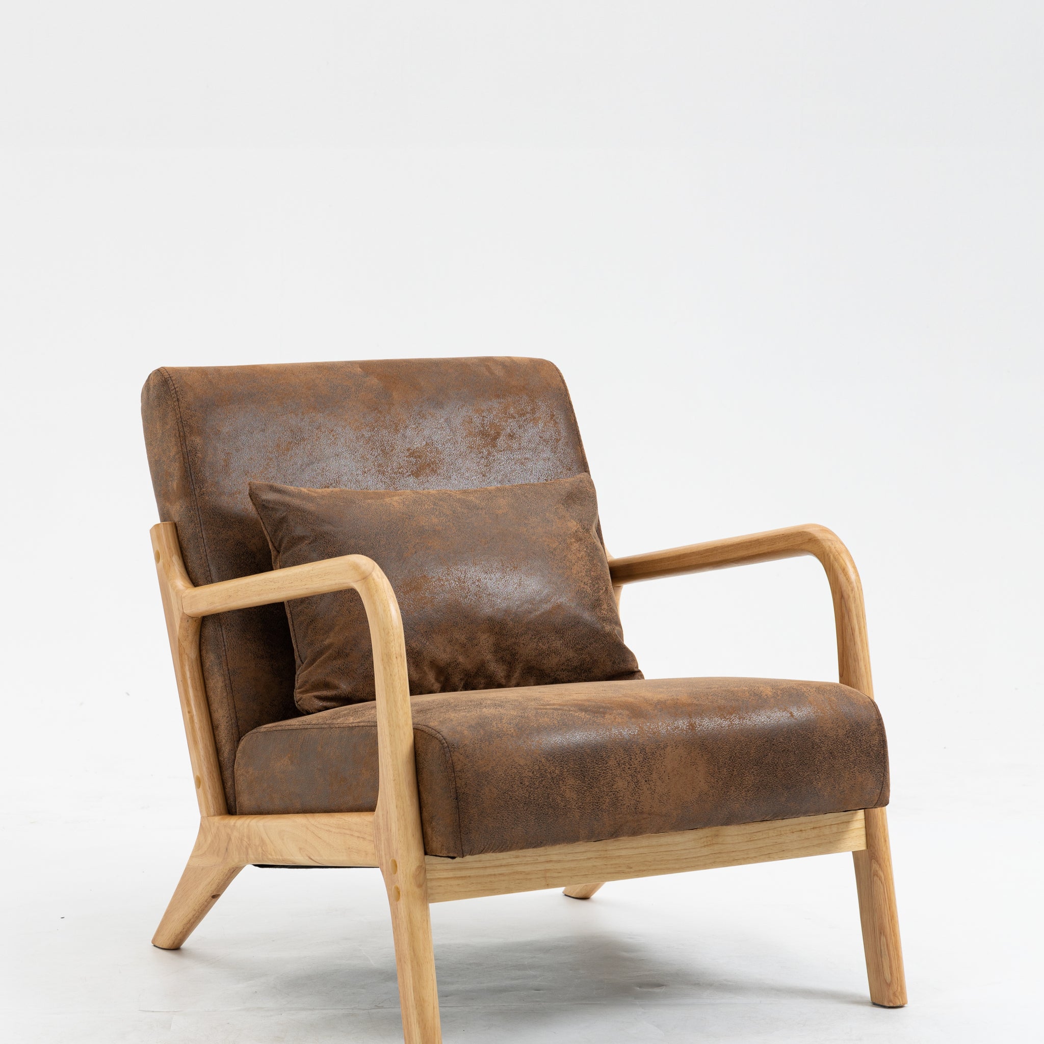 Mid Century Modern Accent Chair With Wood Frame, Upholstered Living Room Chairs With Waist Cushion, Reading Armchair For Bedroom Sunroom White Cotton Pu Leather