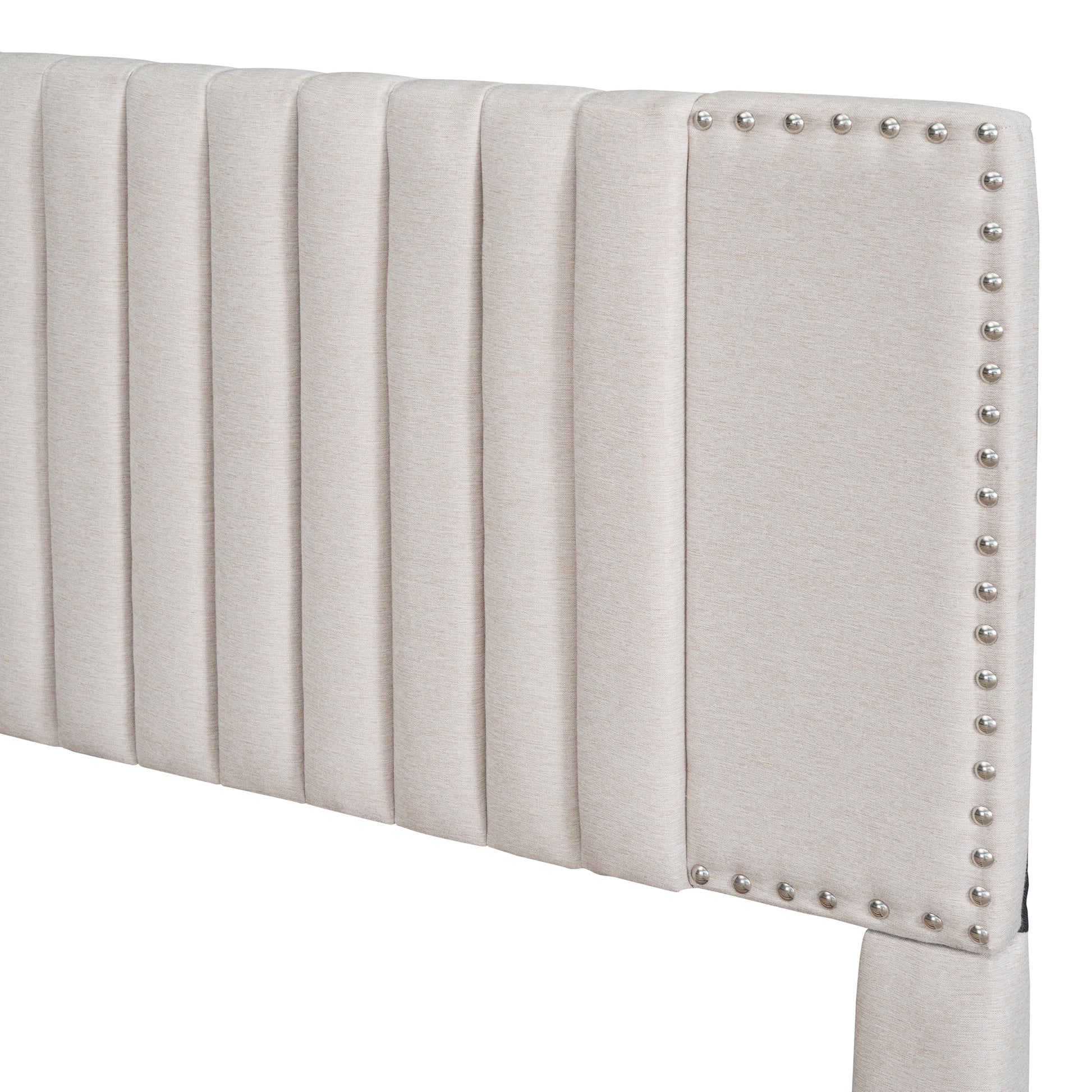 Queen Size Upholstered Platform Bed With 2 Drawers And 1 Twin Xl Trundle, Classic Headboard Design, Beige Beige Linen