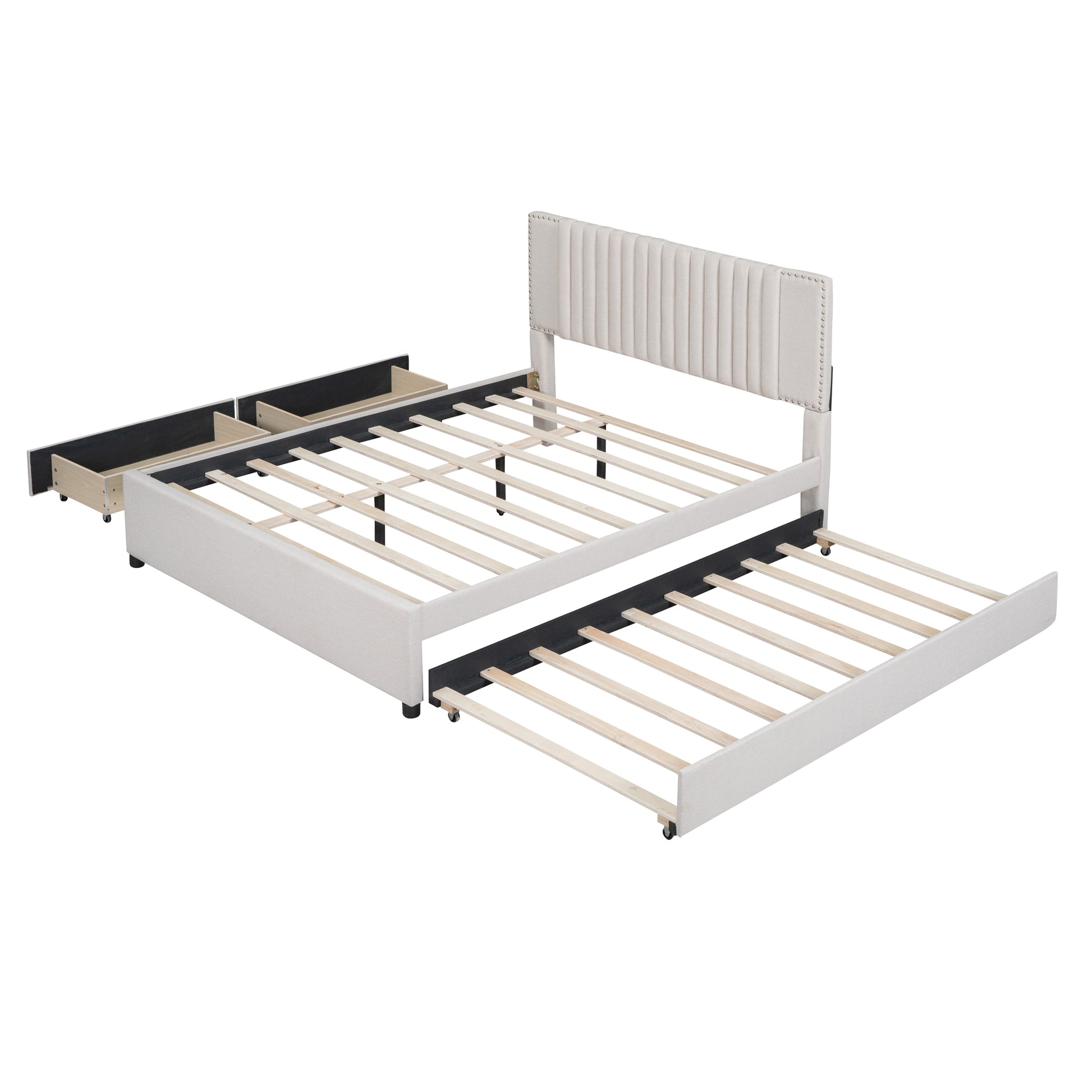Queen Size Upholstered Platform Bed With 2 Drawers And 1 Twin Xl Trundle, Classic Headboard Design, Beige Beige Linen