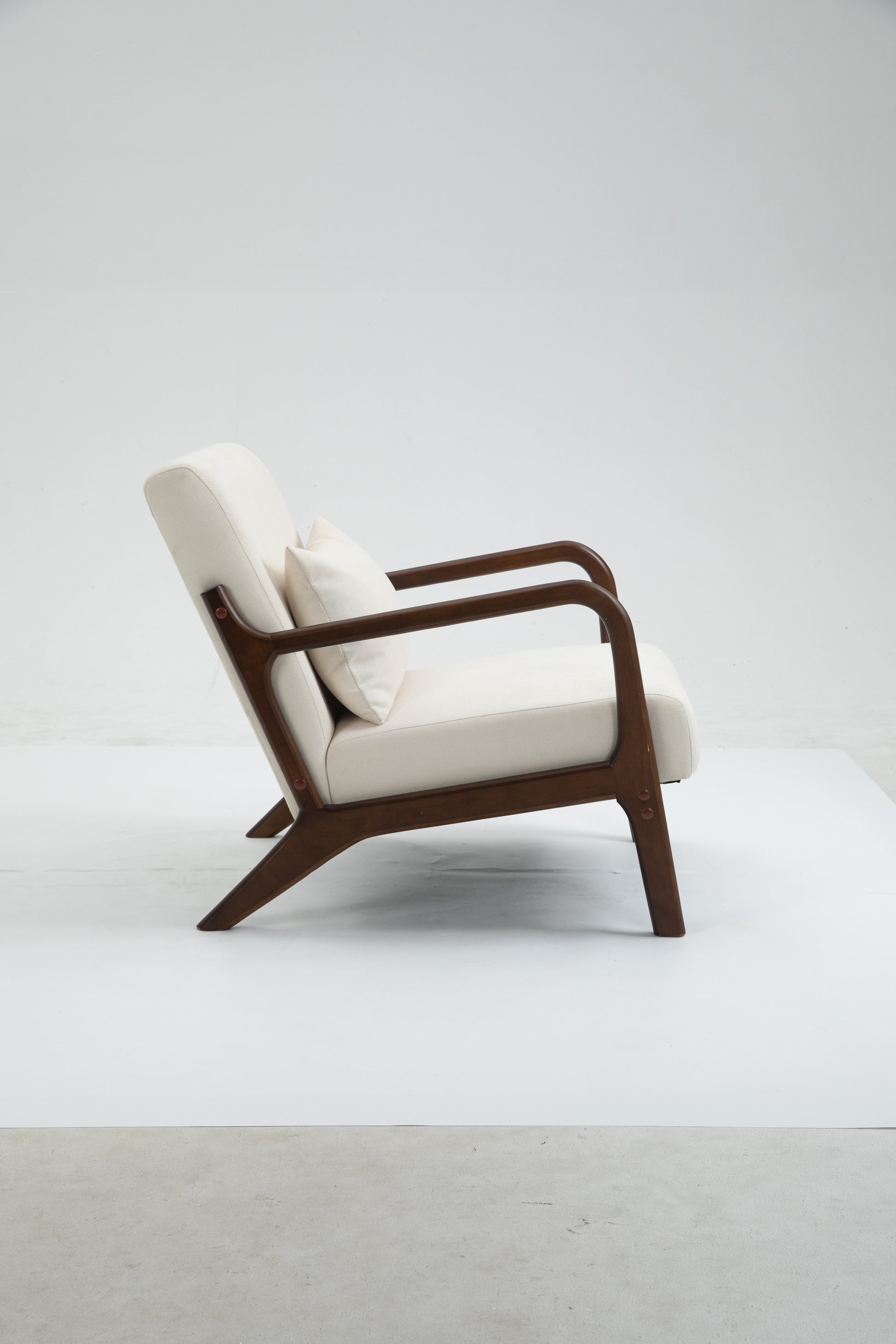 Mid Century Modern Accent Chair With Wood Frame, Upholstered Living Room Chairs With Waist Cushion, Reading Armchair For Bedroom Sunroom White Cotton Velvet