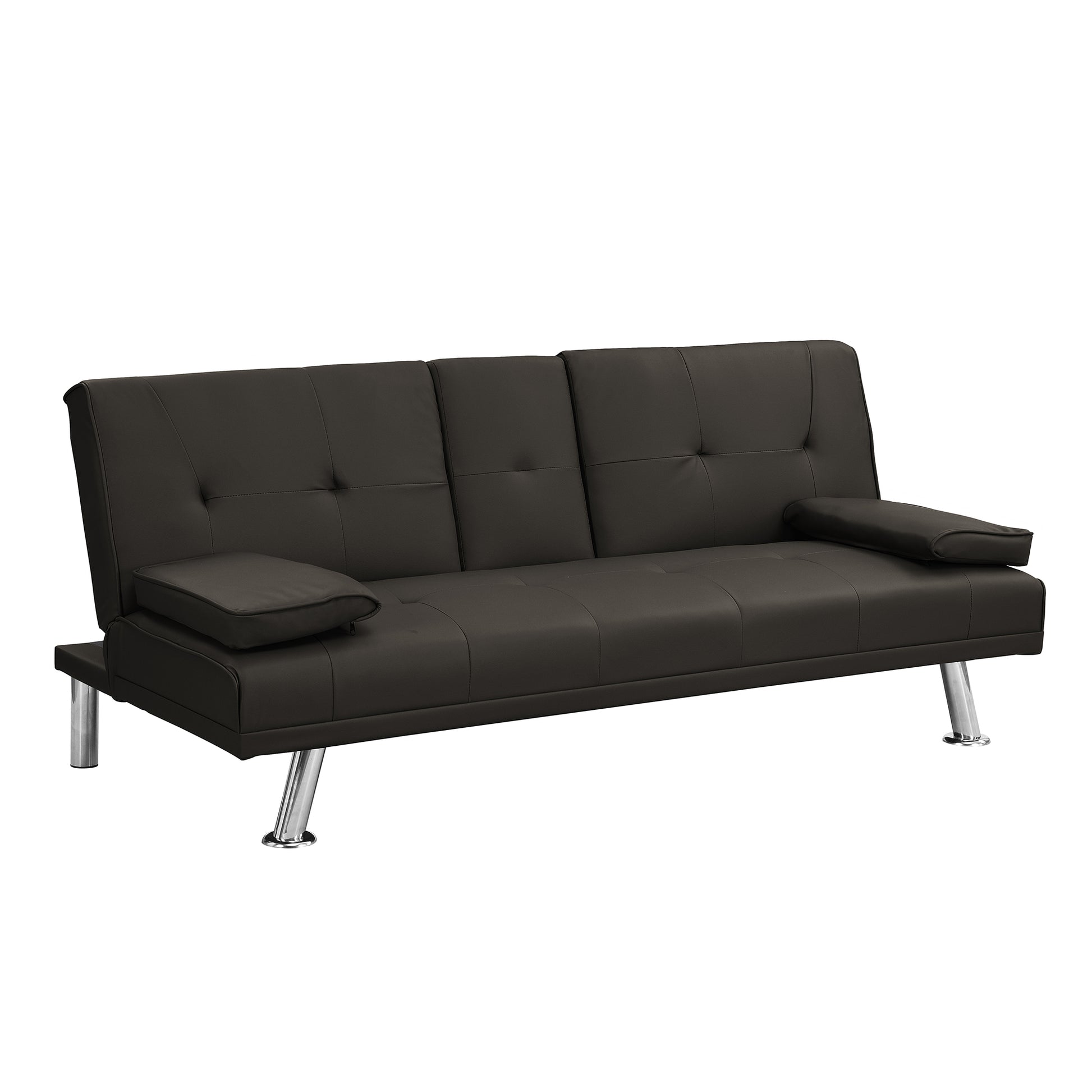 Sofa Bed With Armrest Two Holders Wood Frame, Stainless Leg, Futon Brown Pvc,Dark Brown Dark Brown Pvc