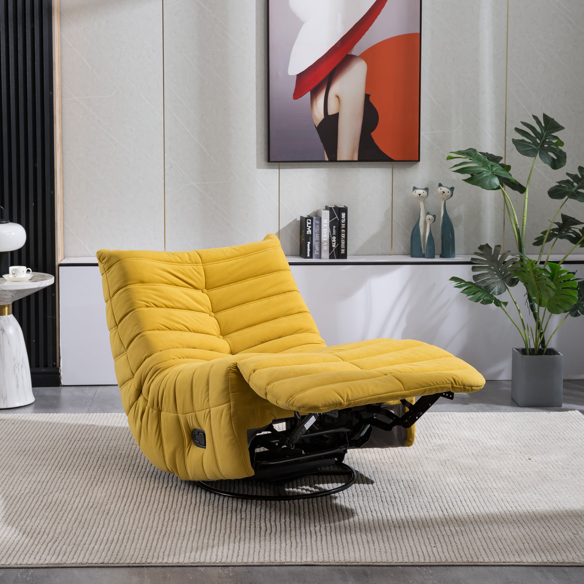 Swivel And Rocking Velvet Recliner, Reclining Chair With Adjustable Footrest And Side Pocket Yellow Velvet