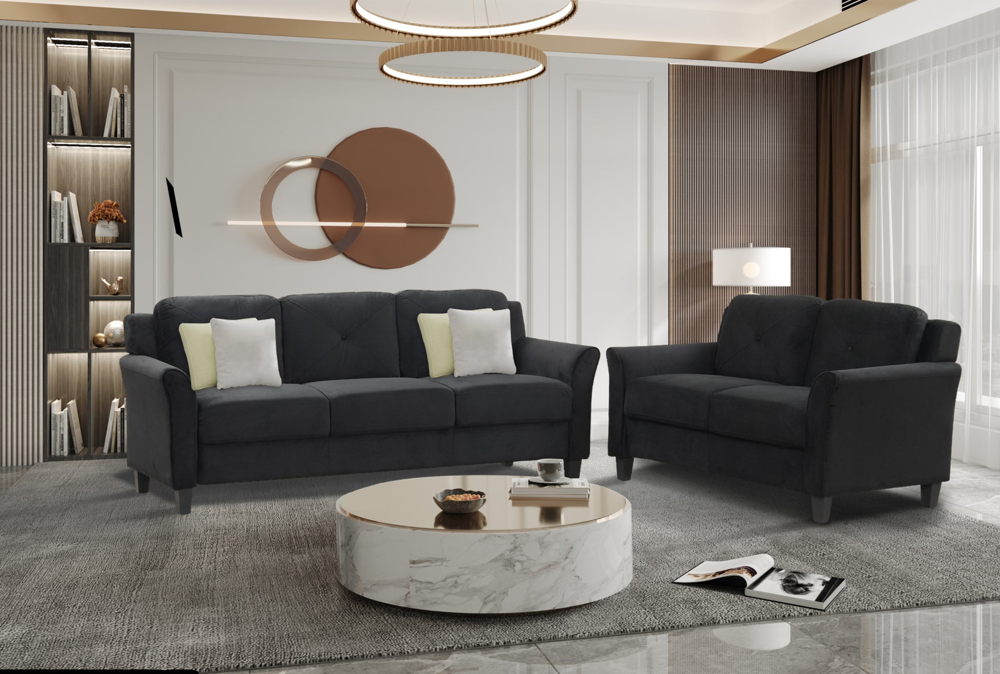 Fashionable Living Room Sofa With Double Seats, Black Fabric Antique Black Brown Velvet Wood Primary Living Space Soft Heavy Duty American Traditional Rubberwood Memory Foam And Polyurethane Foam Polyester 2 Seat