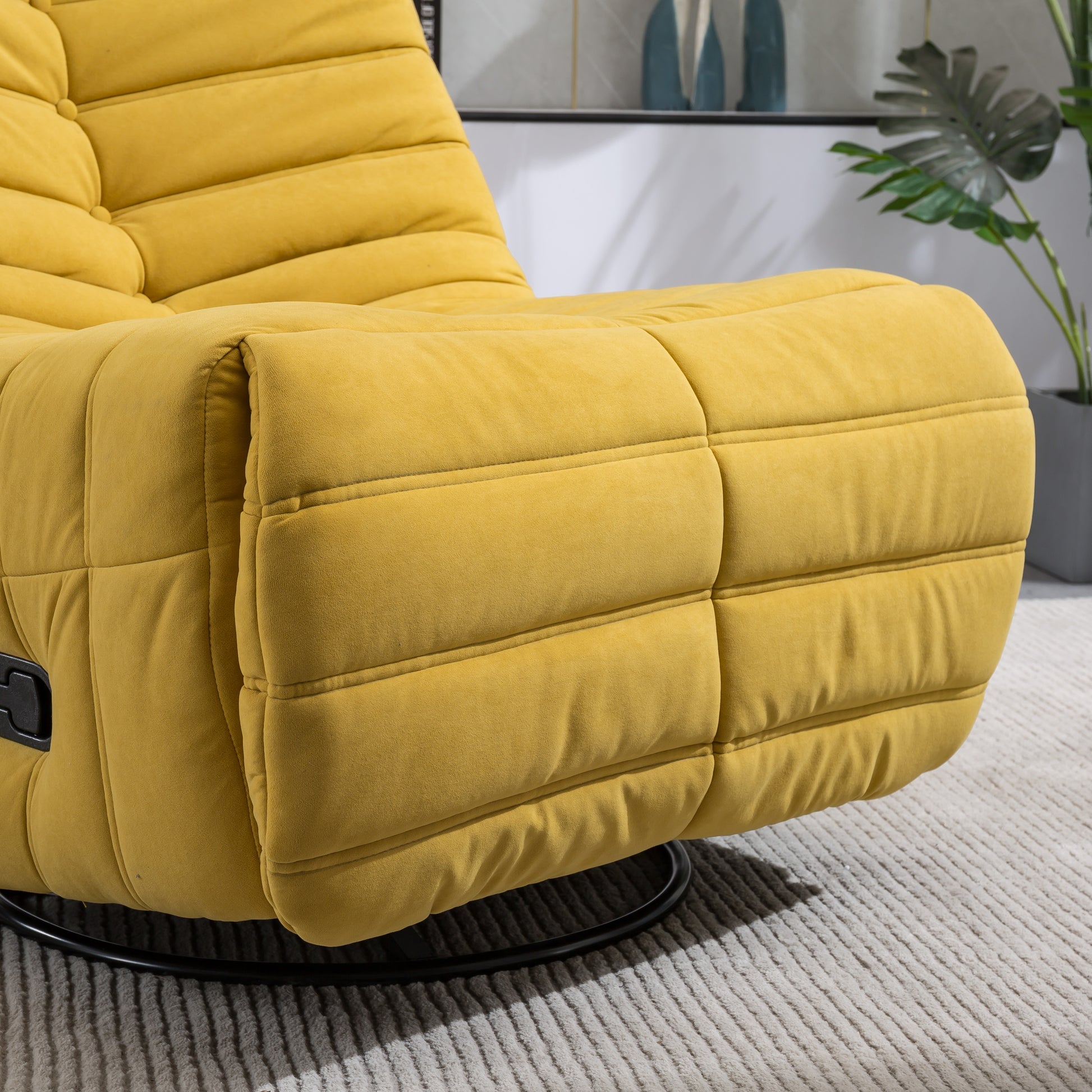 Swivel And Rocking Velvet Recliner, Reclining Chair With Adjustable Footrest And Side Pocket Yellow Velvet