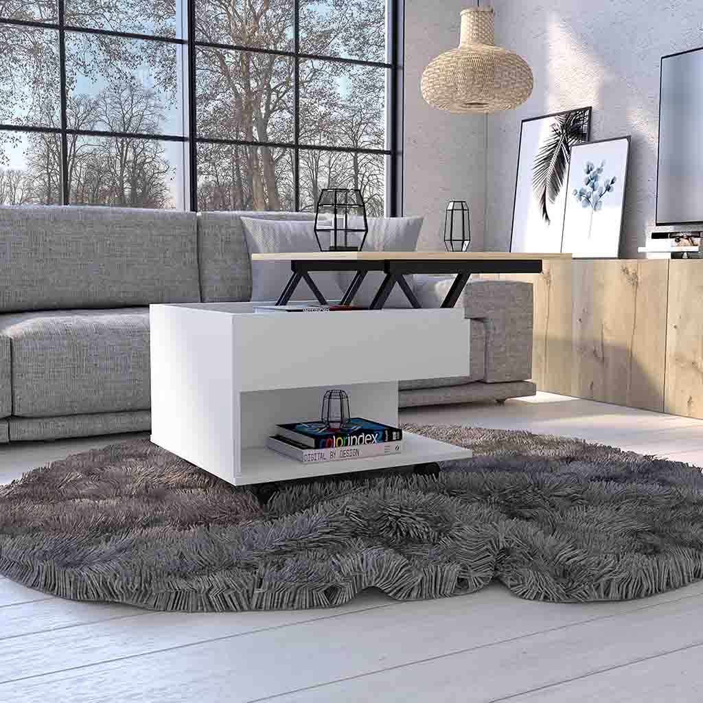 Lift Top Coffee Table Mercuri, Casters, White Light Oak Finish White Light Oak Particle Board