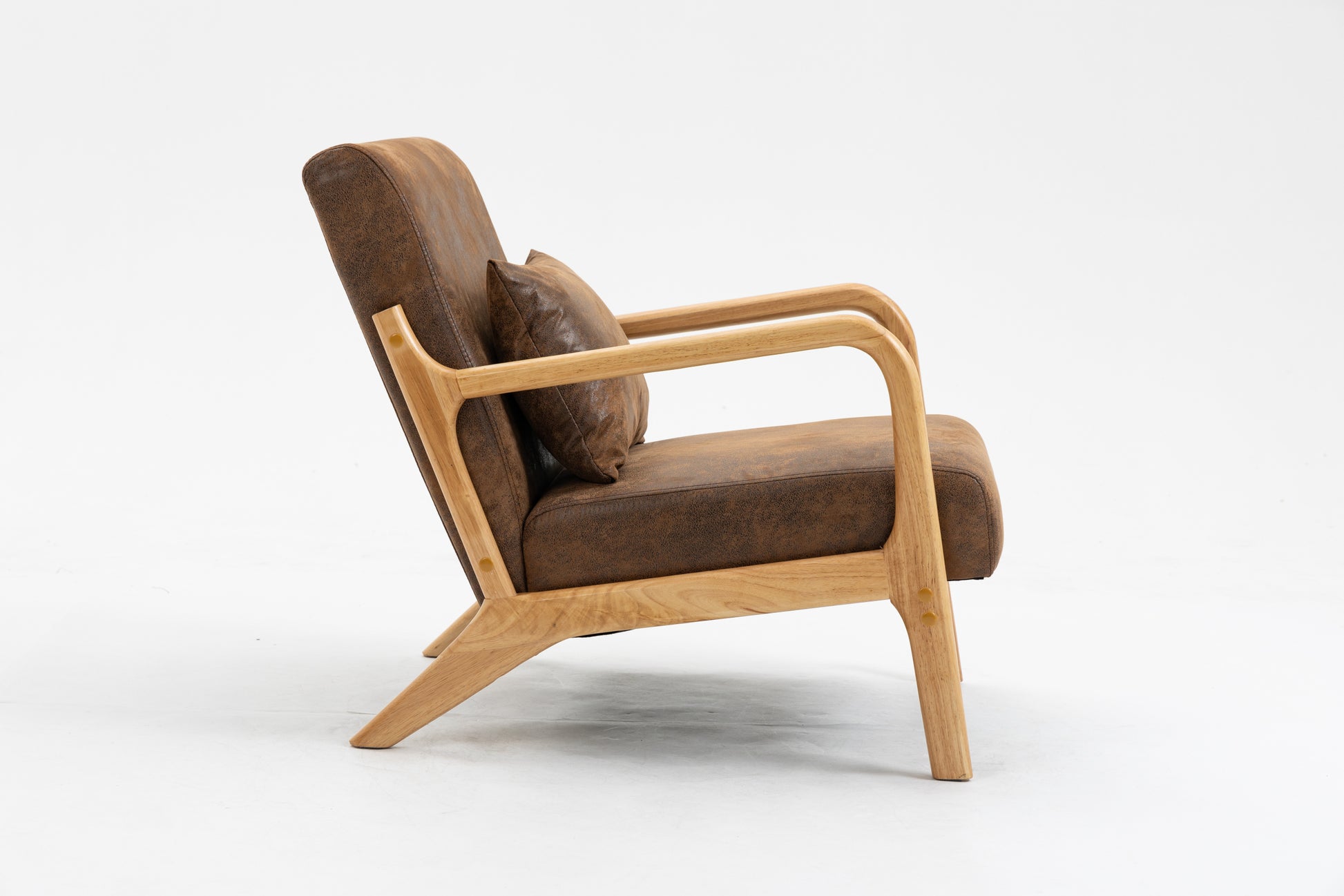 Mid Century Modern Accent Chair With Wood Frame, Upholstered Living Room Chairs With Waist Cushion, Reading Armchair For Bedroom Sunroom White Cotton Pu Leather
