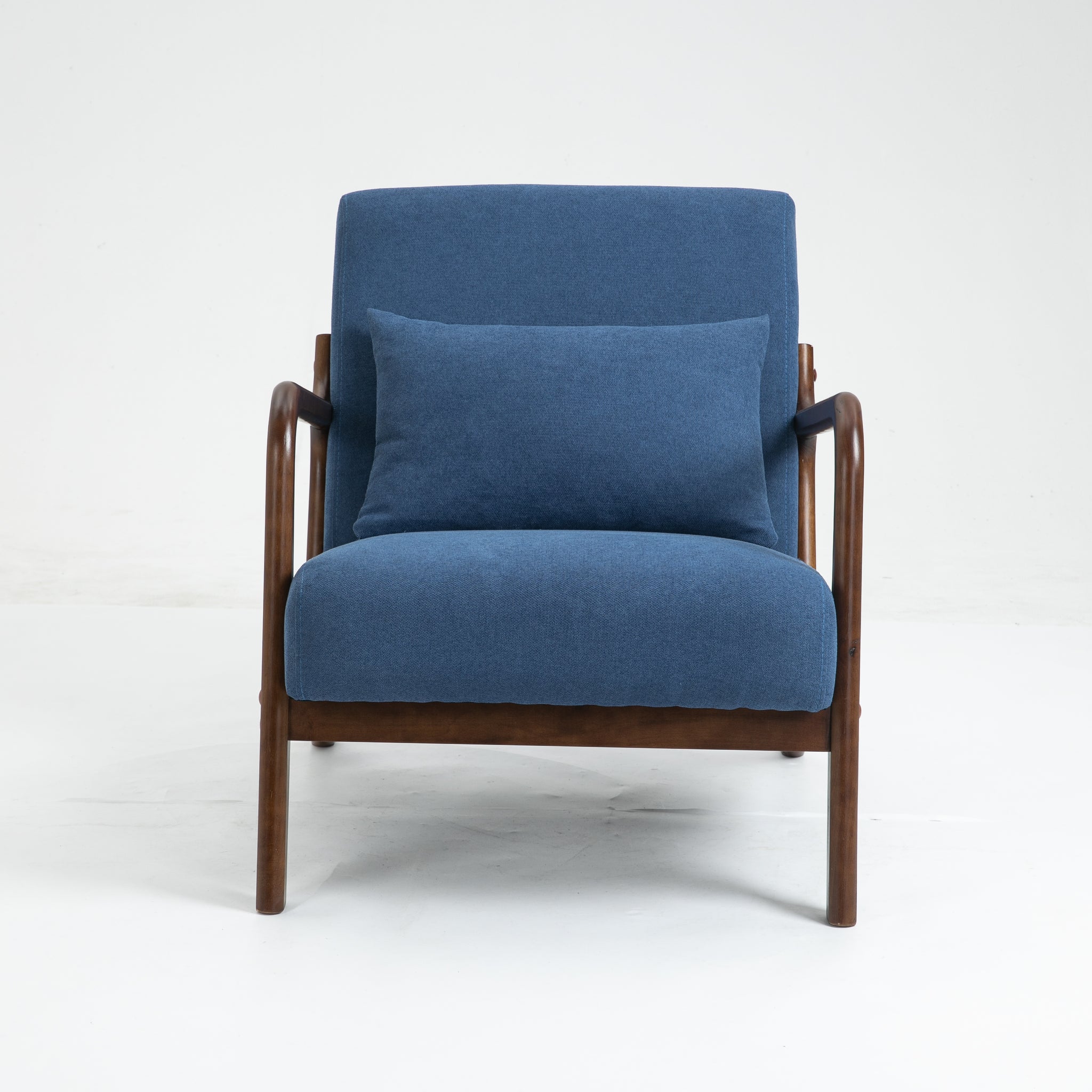 Mid Century Modern Accent Chair With Wood Frame, Upholstered Living Room Chairs With Waist Cushion, Reading Armchair For Bedroom Sunroom Blue Cotton Velvet