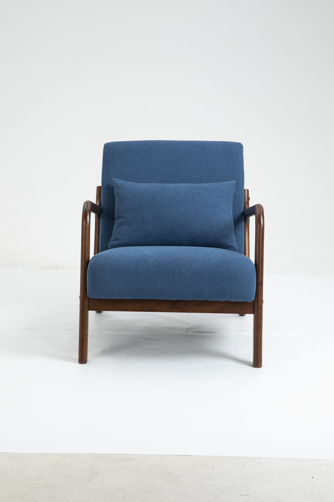 Mid Century Modern Accent Chair With Wood Frame, Upholstered Living Room Chairs With Waist Cushion, Reading Armchair For Bedroom Sunroom Blue Cotton Velvet