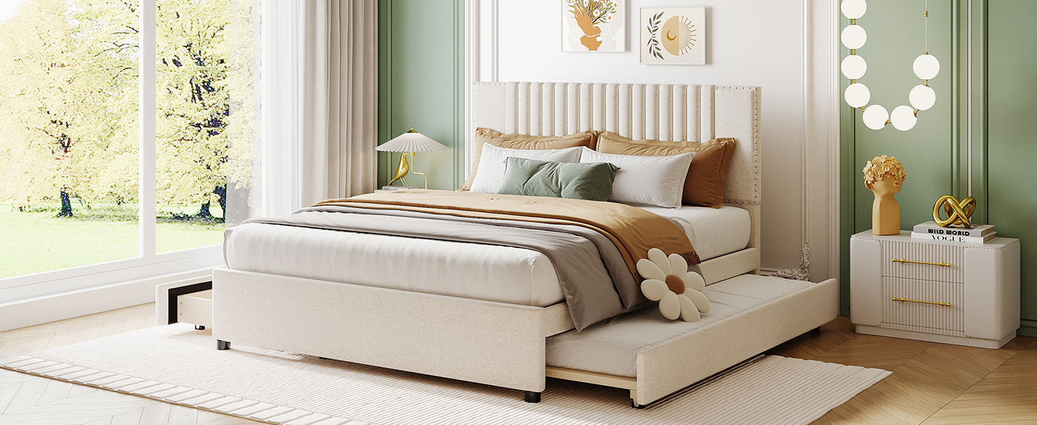 Queen Size Upholstered Platform Bed With 2 Drawers And 1 Twin Xl Trundle, Classic Headboard Design, Beige Beige Linen
