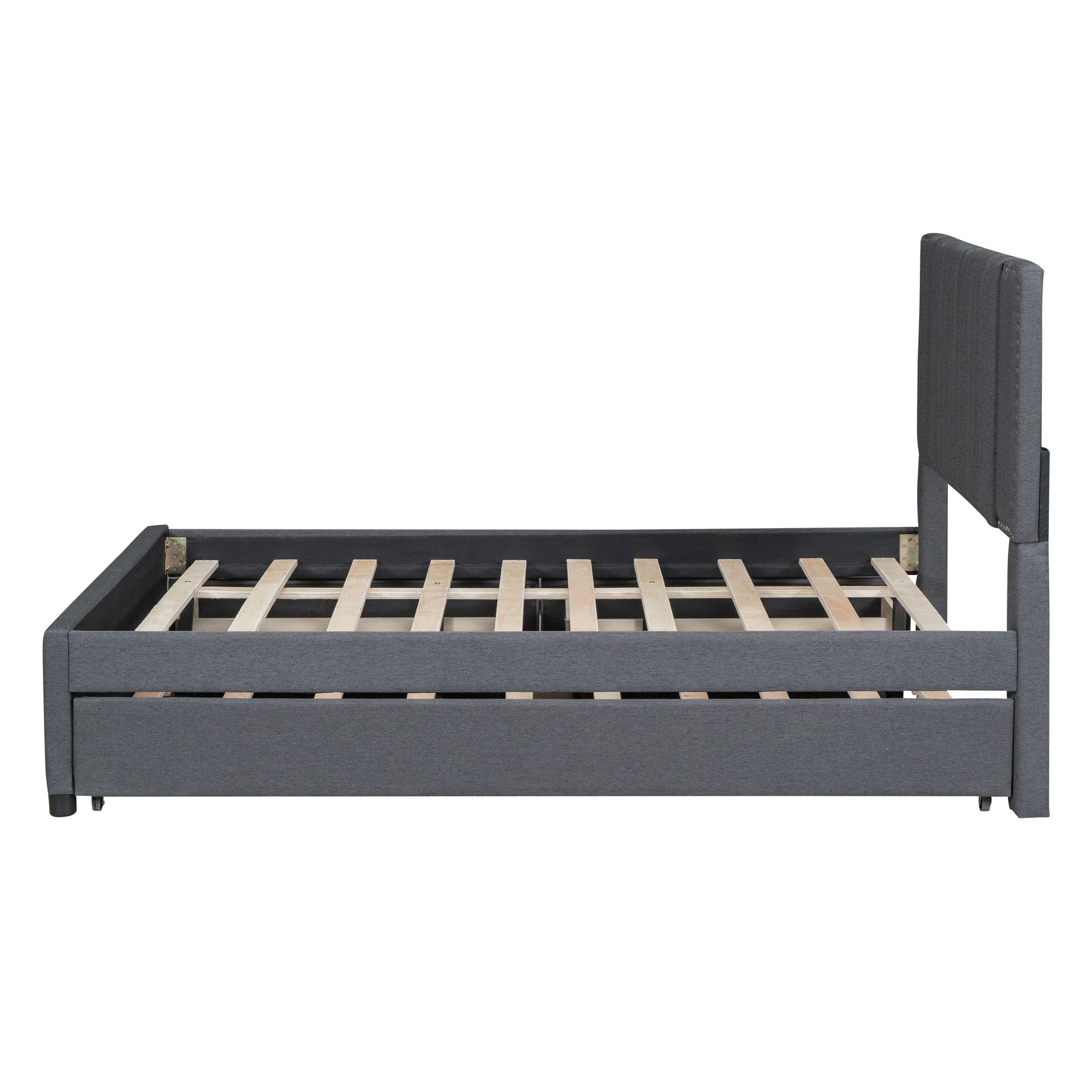 Full Size Upholstered Platform Bed With 2 Drawers And 1 Twin Size Trundle, Classic Headboard Design, Gray Gray Linen