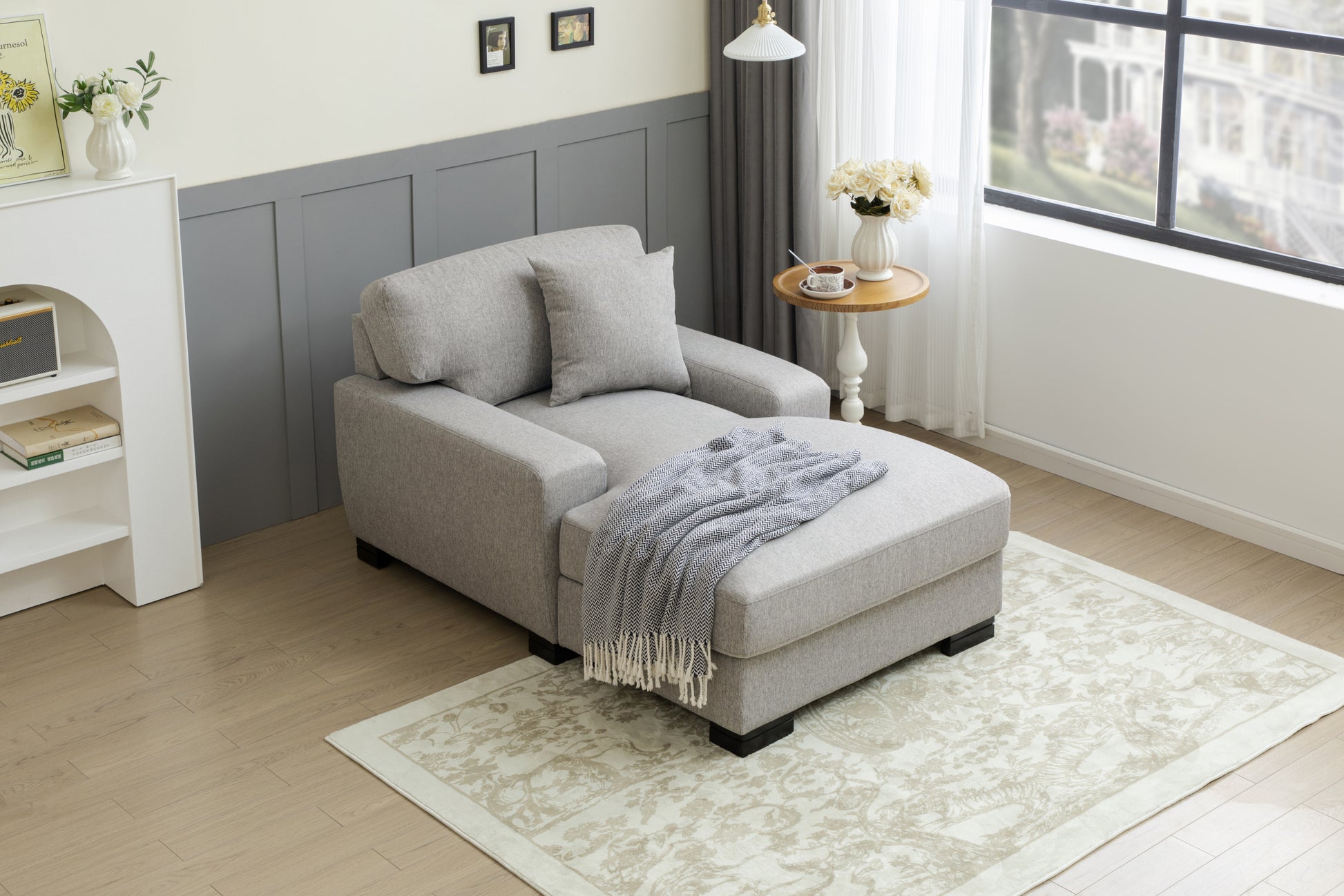 Modern Mid Century Indoor Oversized Chaise Lounger Comfort Sleeper Sofa With Pillow And Soild Wood Legs, Linen, Gray Gray Linen