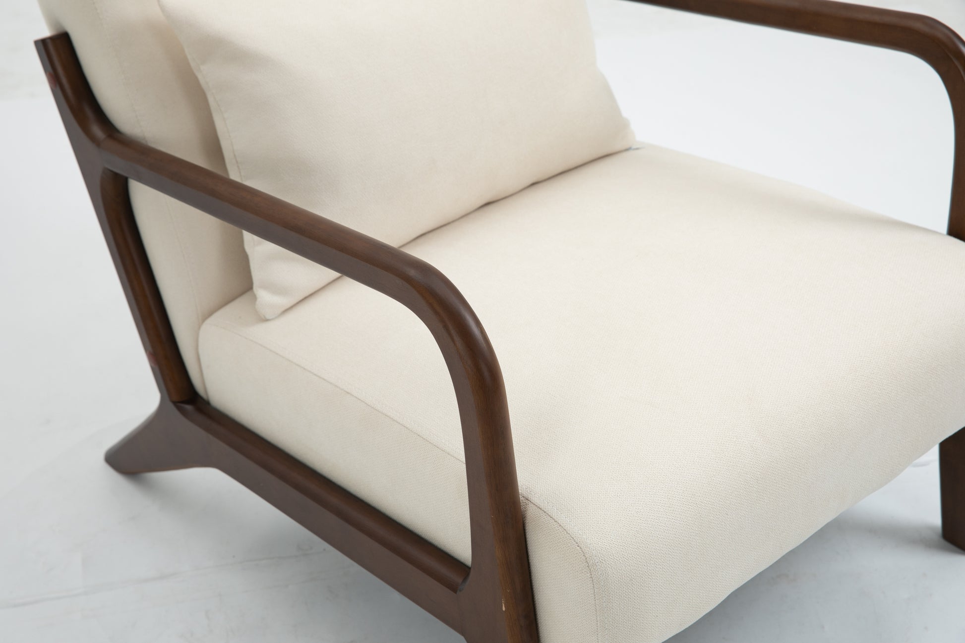 Mid Century Modern Accent Chair With Wood Frame, Upholstered Living Room Chairs With Waist Cushion, Reading Armchair For Bedroom Sunroom White Cotton Velvet