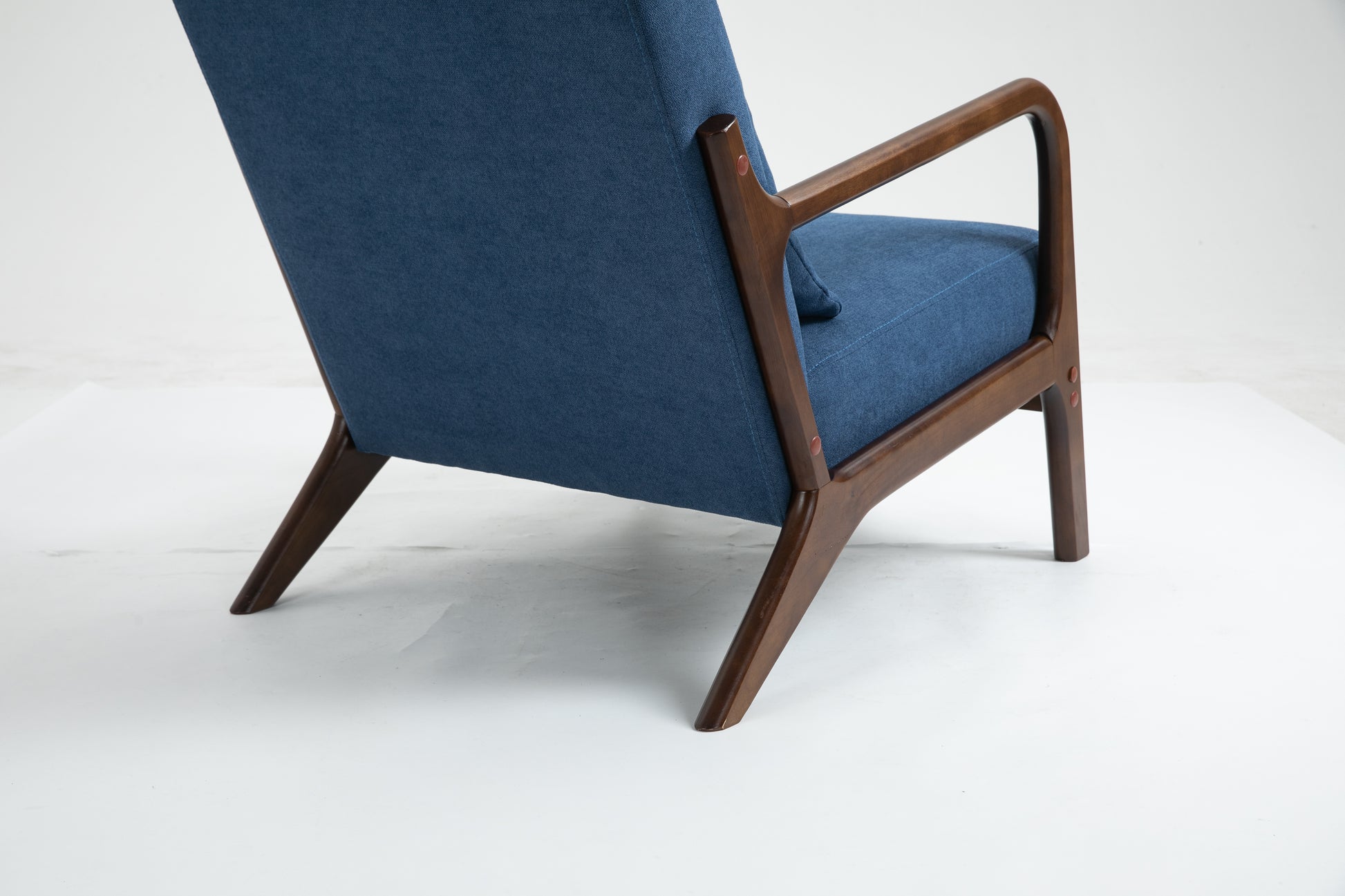 Mid Century Modern Accent Chair With Wood Frame, Upholstered Living Room Chairs With Waist Cushion, Reading Armchair For Bedroom Sunroom Blue Cotton Velvet