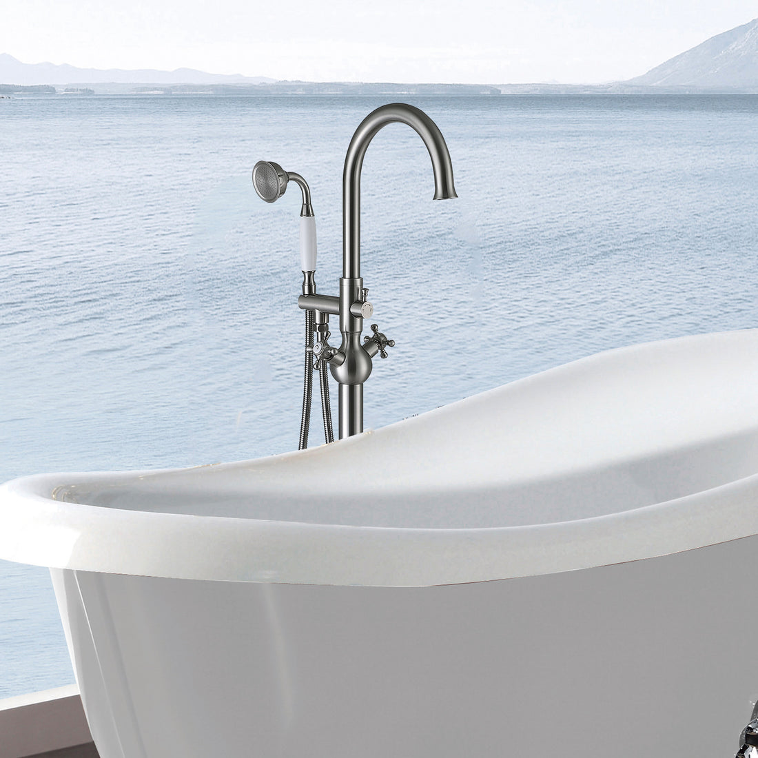 Freestanding Bathtub Faucet With Hand Shower Brushed Nickel Metal