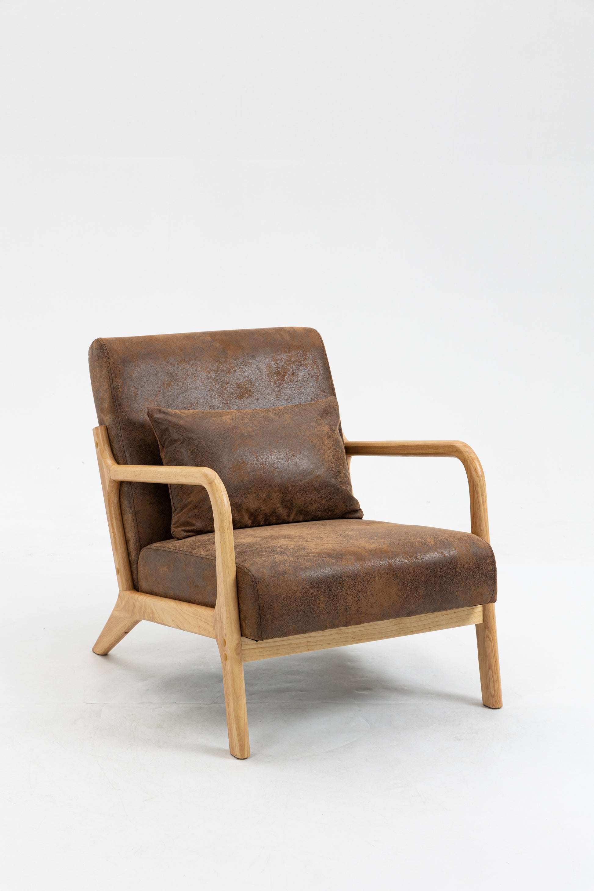Mid Century Modern Accent Chair With Wood Frame, Upholstered Living Room Chairs With Waist Cushion, Reading Armchair For Bedroom Sunroom White Cotton Pu Leather