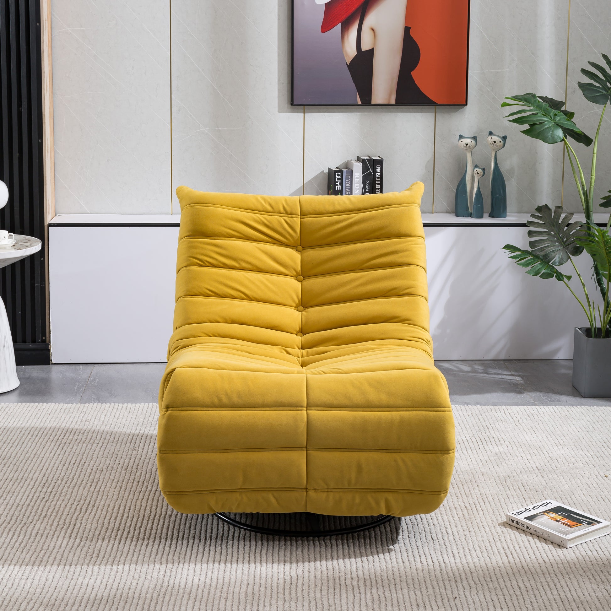 Swivel And Rocking Velvet Recliner, Reclining Chair With Adjustable Footrest And Side Pocket Yellow Velvet