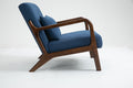 Mid Century Modern Accent Chair With Wood Frame, Upholstered Living Room Chairs With Waist Cushion, Reading Armchair For Bedroom Sunroom Blue Cotton Velvet