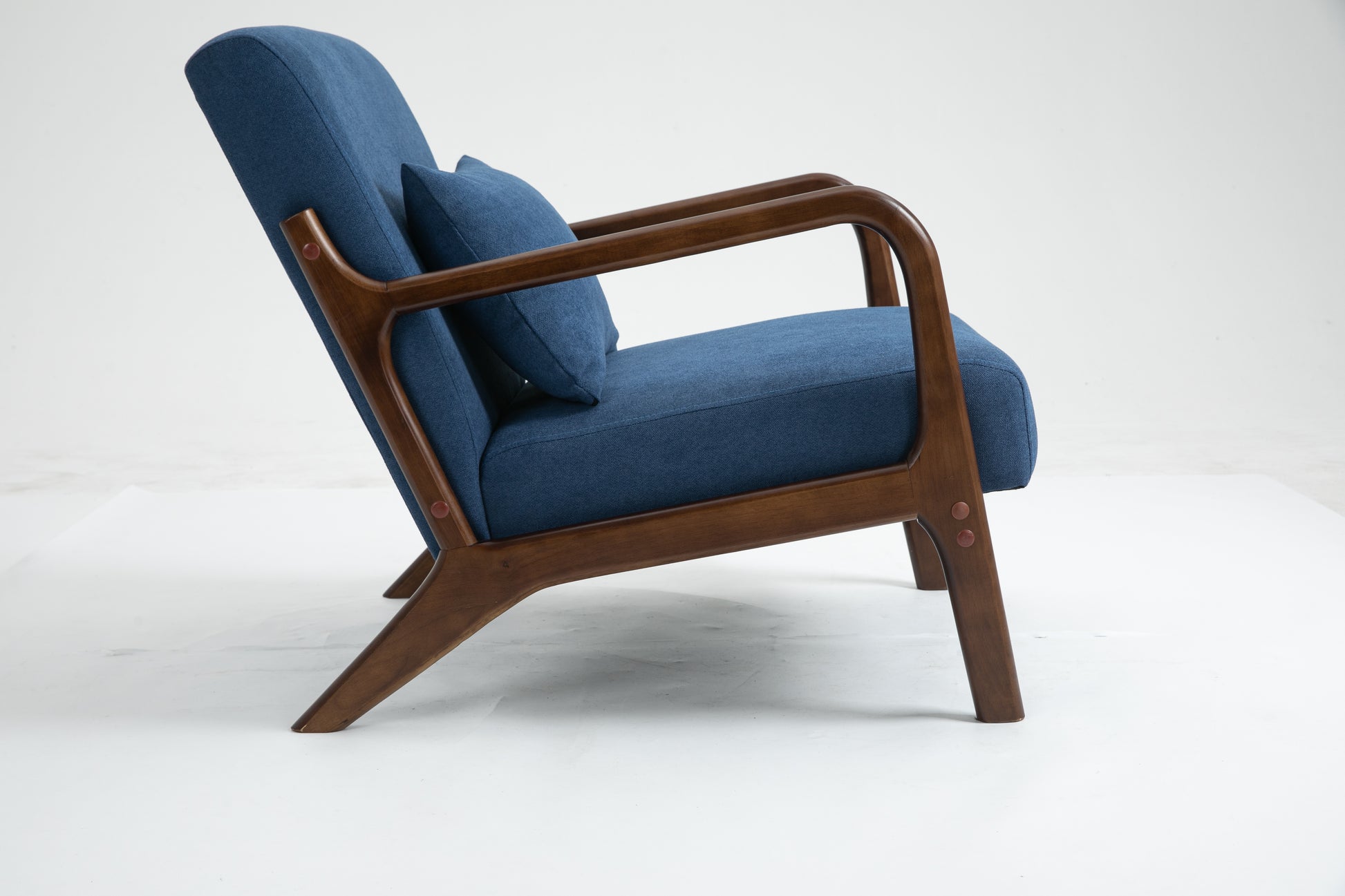 Mid Century Modern Accent Chair With Wood Frame, Upholstered Living Room Chairs With Waist Cushion, Reading Armchair For Bedroom Sunroom Blue Cotton Velvet