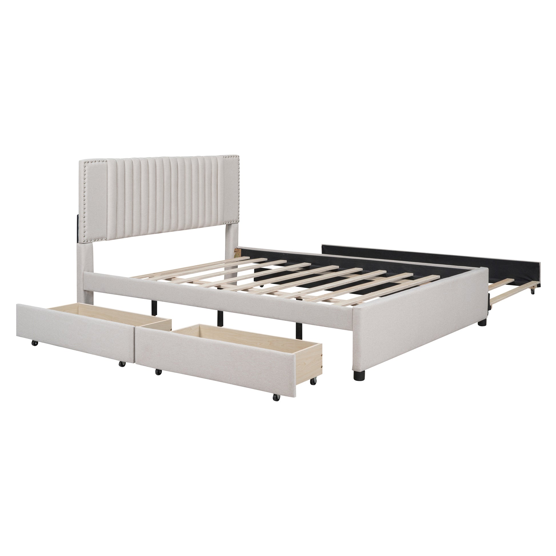 Queen Size Upholstered Platform Bed With 2 Drawers And 1 Twin Xl Trundle, Classic Headboard Design, Beige Beige Linen