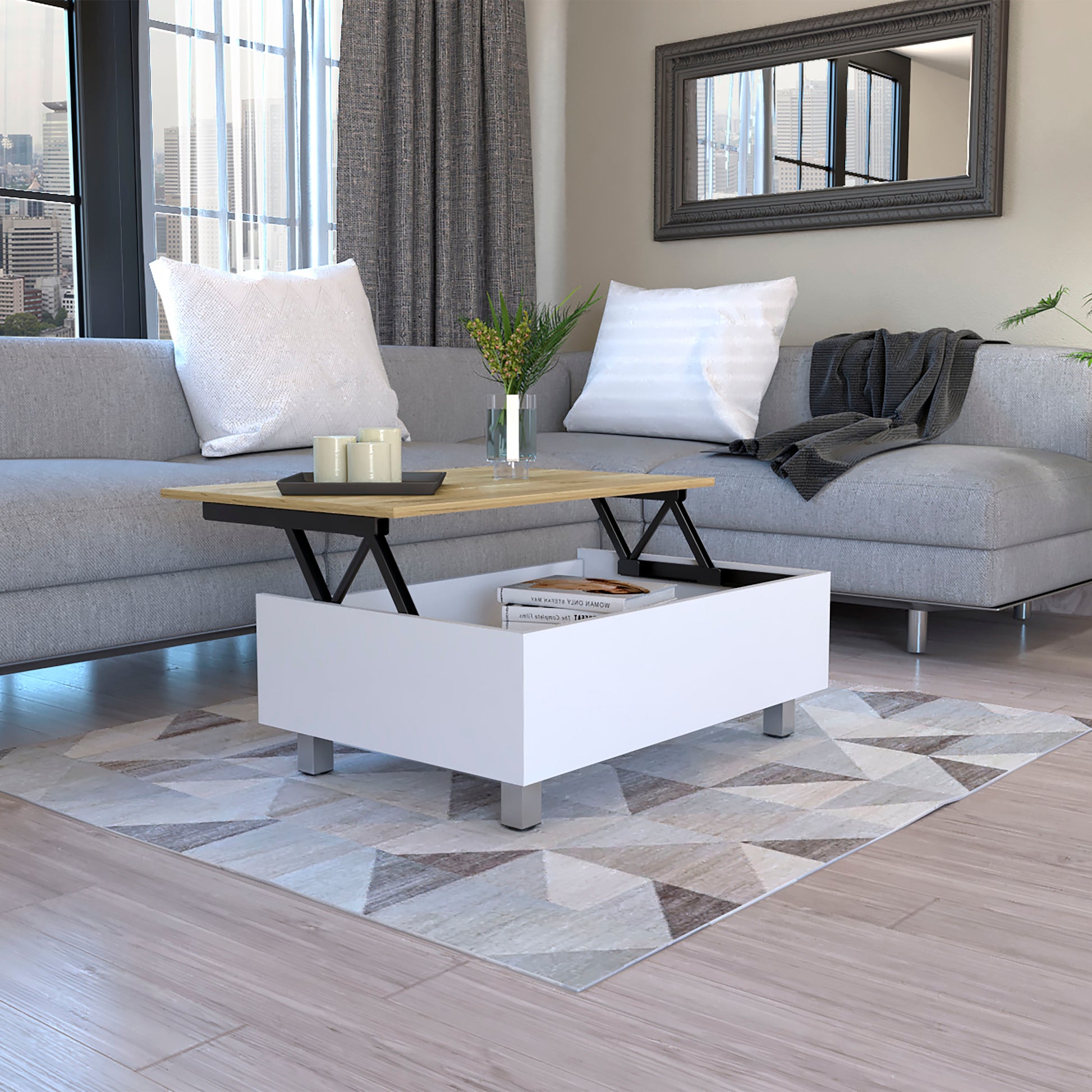 Lift Top Coffee Annapolis, Storage Compartment, White Light Oak Finish White Light Oak Particle Board