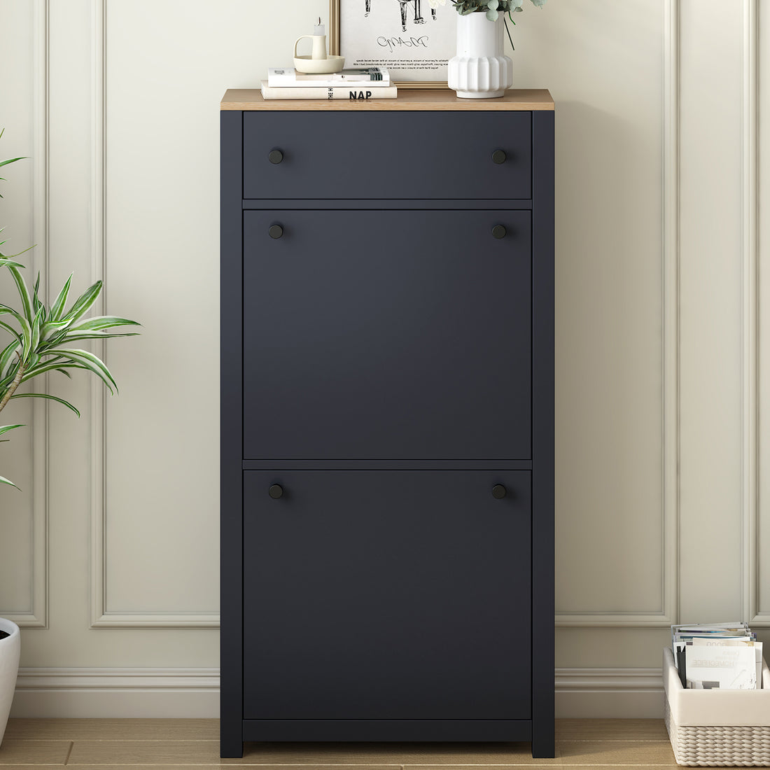 Functional Entryway Organizer With 2 Flip Drawers, Wood Grain Pattern Top Shoe Cabinet With Drawer, Free Standing Shoe Rack With Adjustable Panel For Hallway, Black Freestanding 3 4 Drawers Black