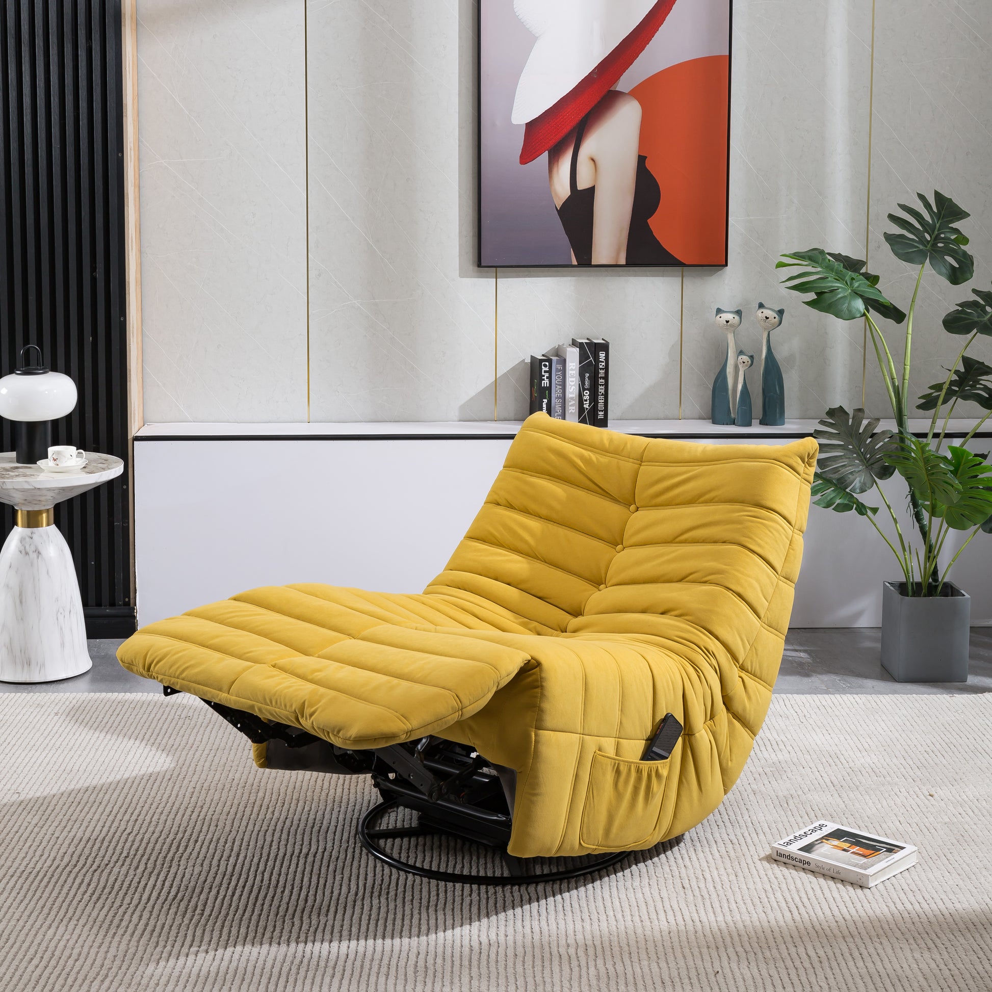 Swivel And Rocking Velvet Recliner, Reclining Chair With Adjustable Footrest And Side Pocket Yellow Velvet