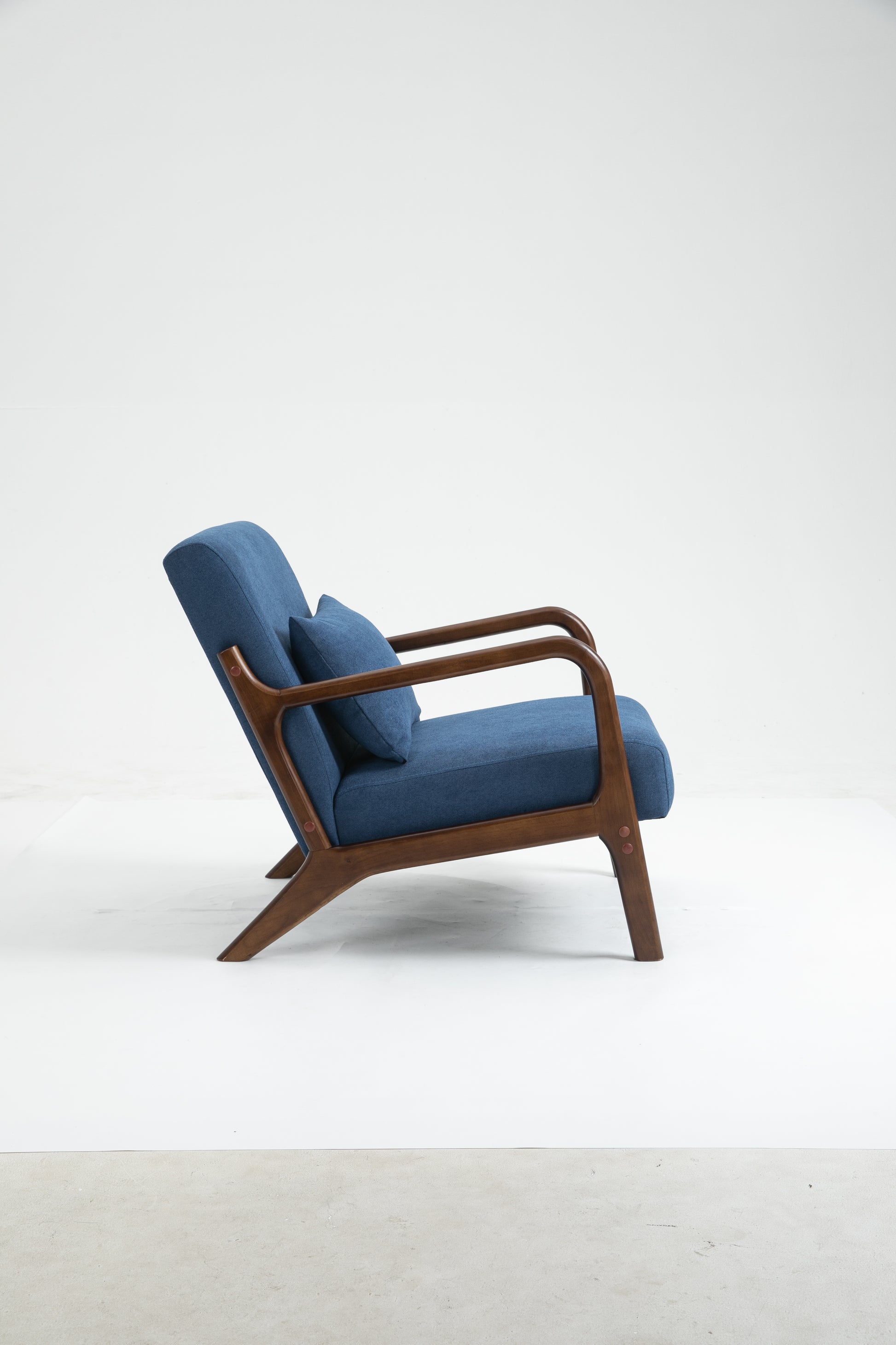 Mid Century Modern Accent Chair With Wood Frame, Upholstered Living Room Chairs With Waist Cushion, Reading Armchair For Bedroom Sunroom Blue Cotton Velvet