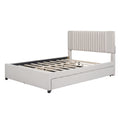 Queen Size Upholstered Platform Bed With 2 Drawers And 1 Twin Xl Trundle, Classic Headboard Design, Beige Beige Linen