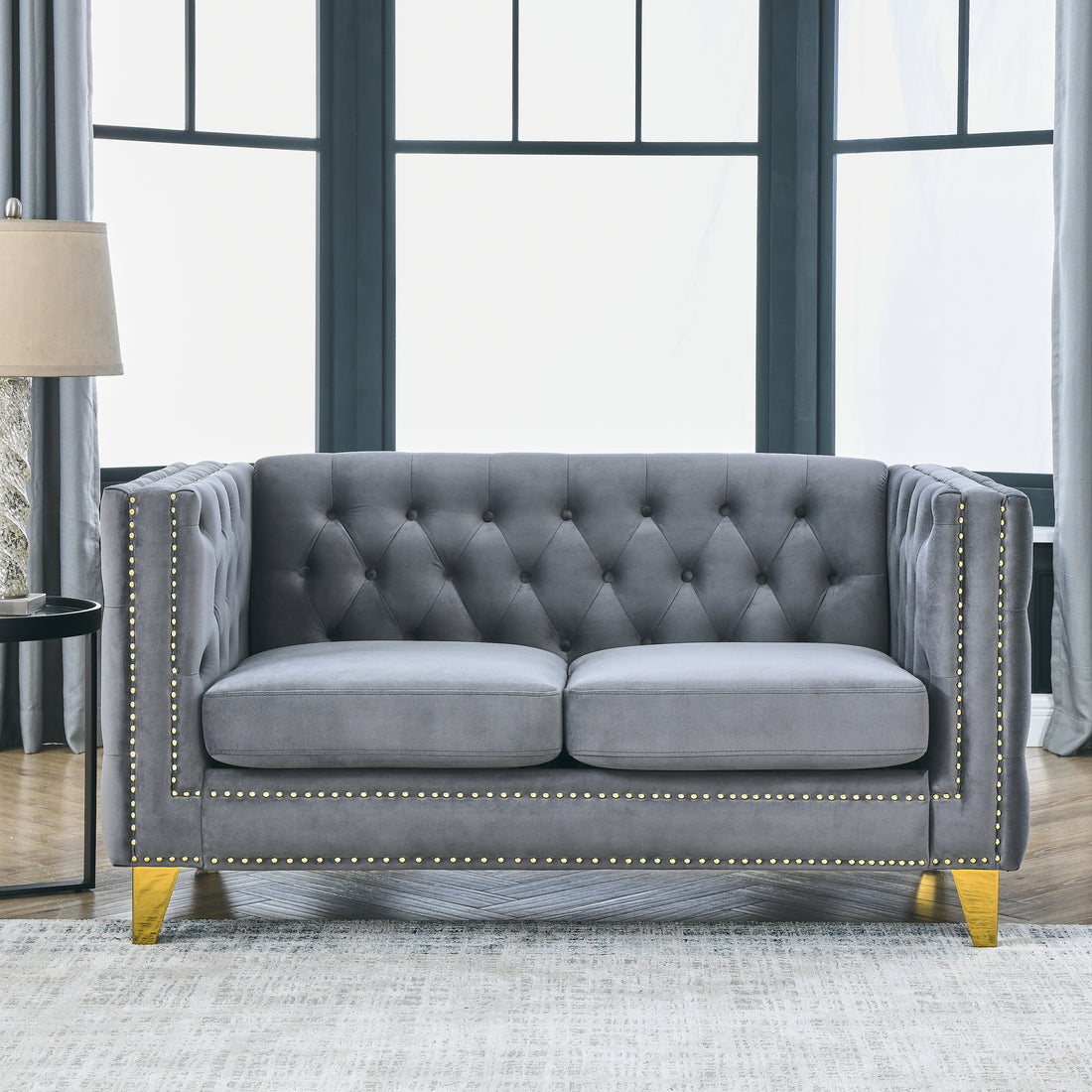 Contact Us For 3D Modeling Velvet Sofa For Living Room,Buttons Tufted Square Arm Couch, Modern Couch Upholstered Button And Metal Legs, Sofa Couch For Bedroom, Grey Velvet 2S W834S00051 Gray Foam Velvet