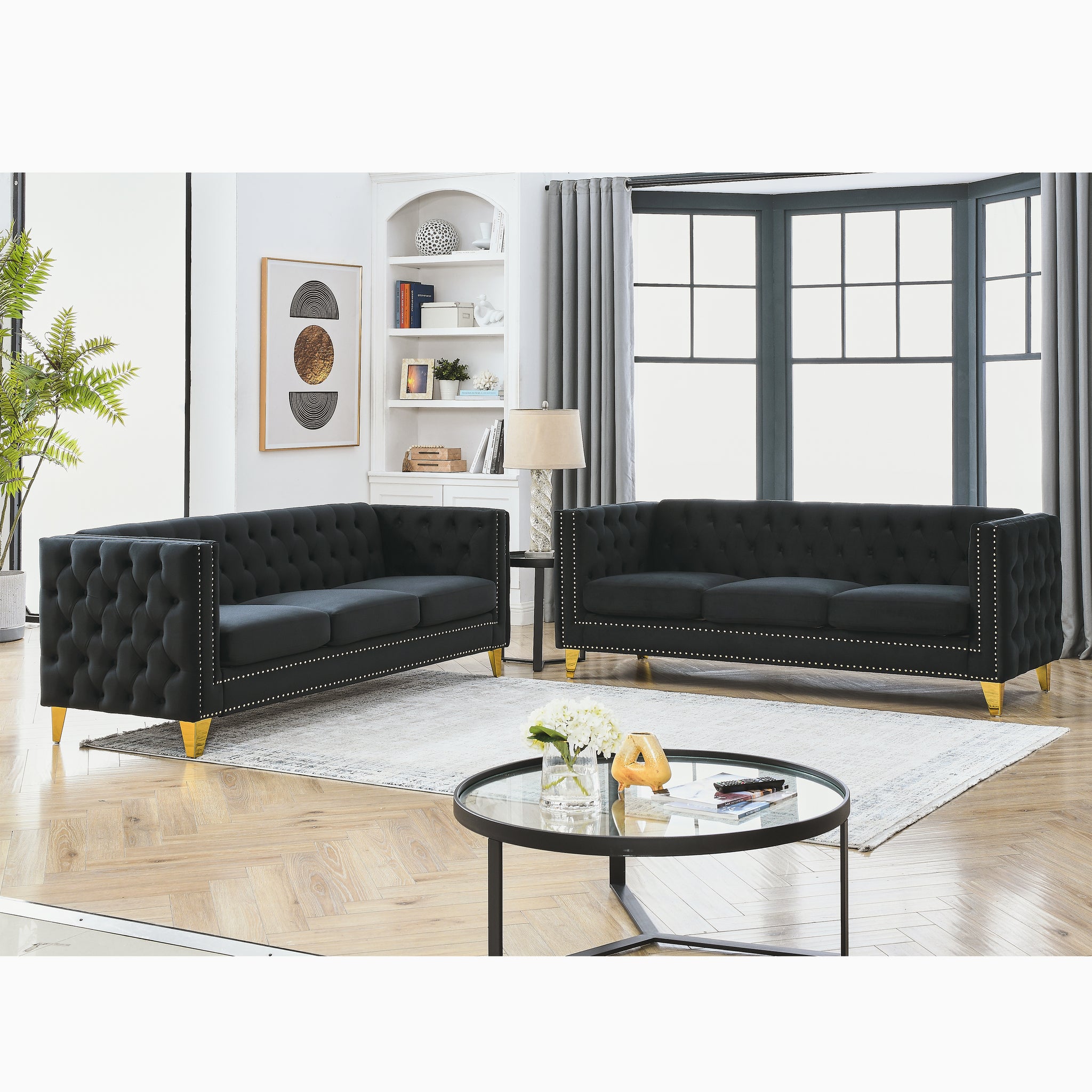 Contact Us For 3D Modeling Velvet Sofa For Living Room,Buttons Tufted Square Arm Couch, Modern Couch Upholstered Button And Metal Legs, Sofa Couch For Bedroom, Black Velvet ,2Pcs Black Foam Velvet