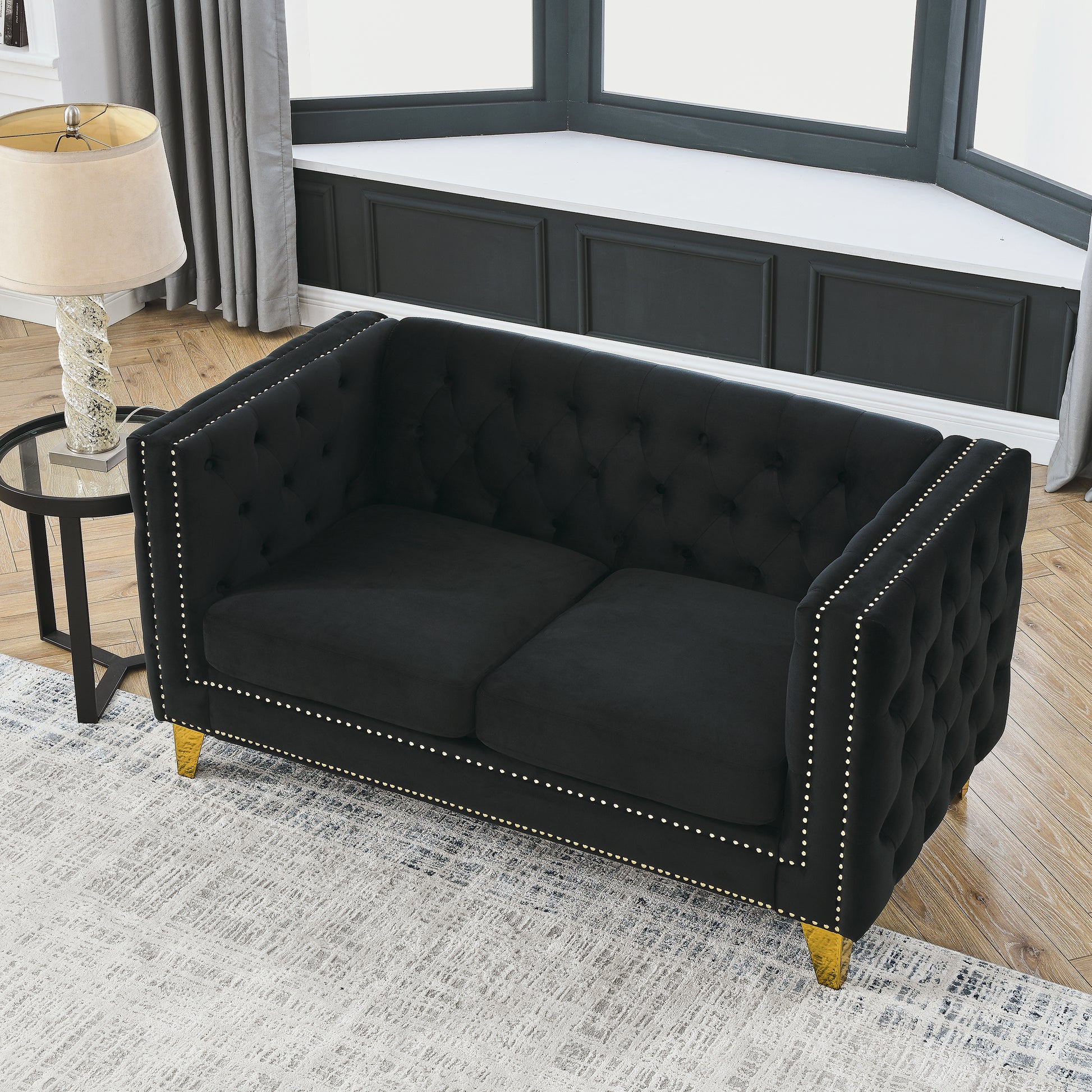 Contact Us For 3D Modeling Velvet Sofa For Living Room,Buttons Tufted Square Arm Couch, Modern Couch Upholstered Button And Metal Legs, Sofa Couch For Bedroom, Black Velvet 2S Black Foam Velvet