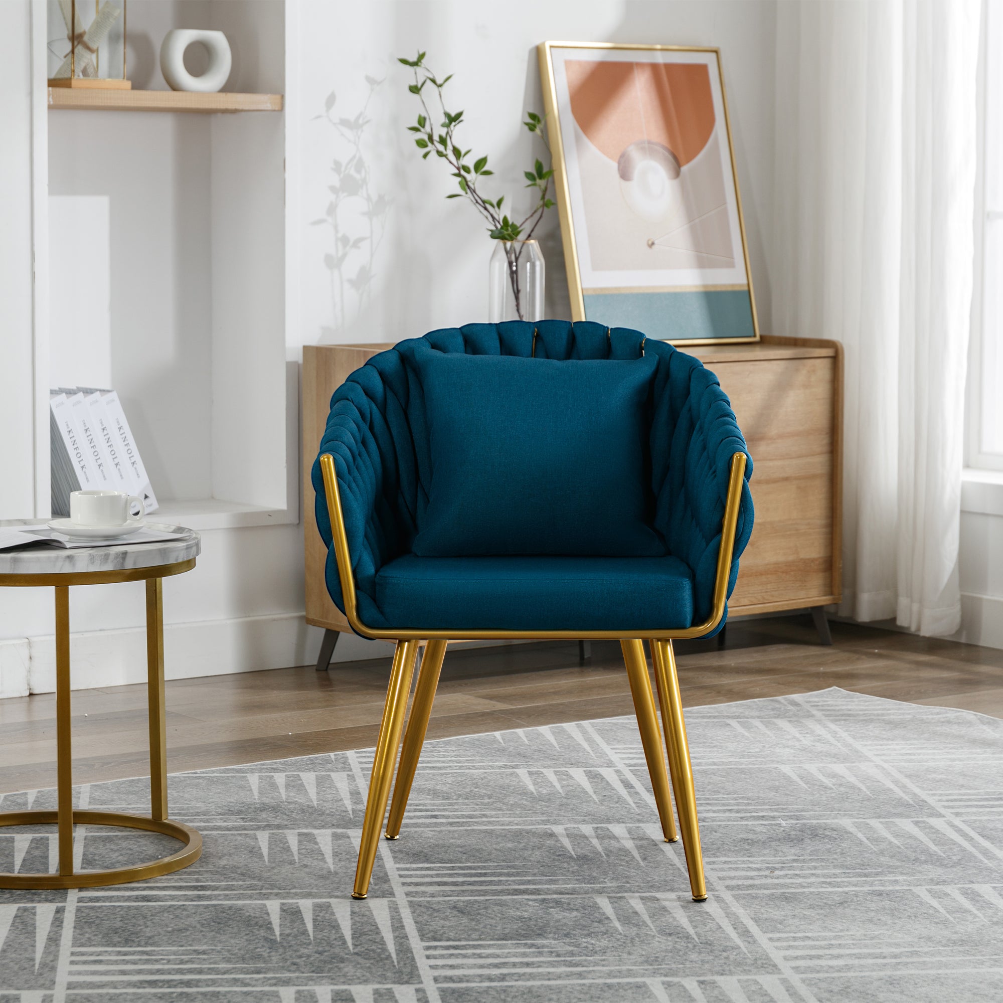 Handwoven Modern Chairs, Casual Chairs, Universal Foot Nails, Metal Chair Legs With Pillows Peacock Blue Navy Green Primary Living Space Linen