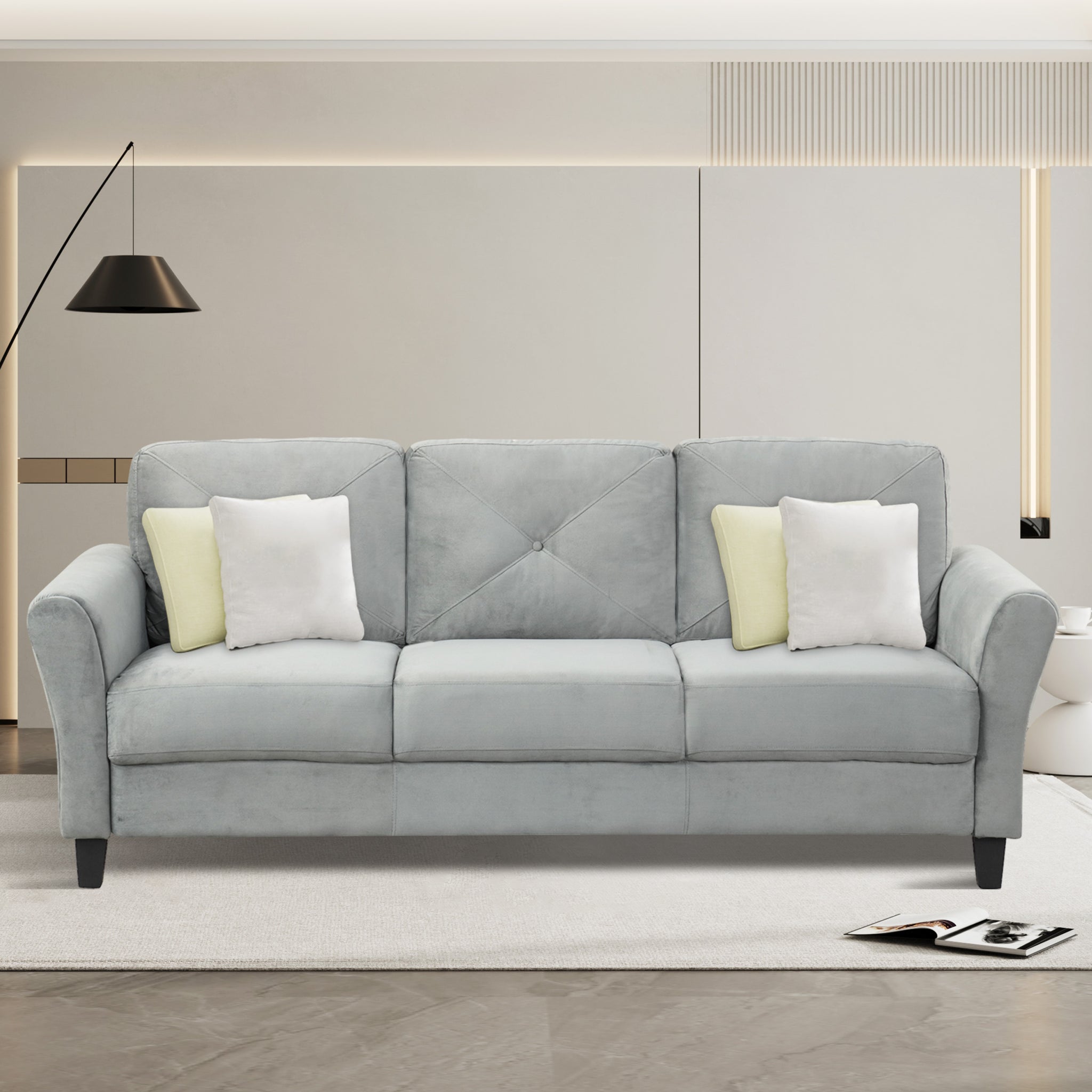 Fashionable Living Room Sofa For 3 People, Gray Fabric Antique Dark Grey Brown Polyester Wood Primary Living Space Soft American Traditional Rubberwood Memory Foam And Polyurethane Foam Polyester 3