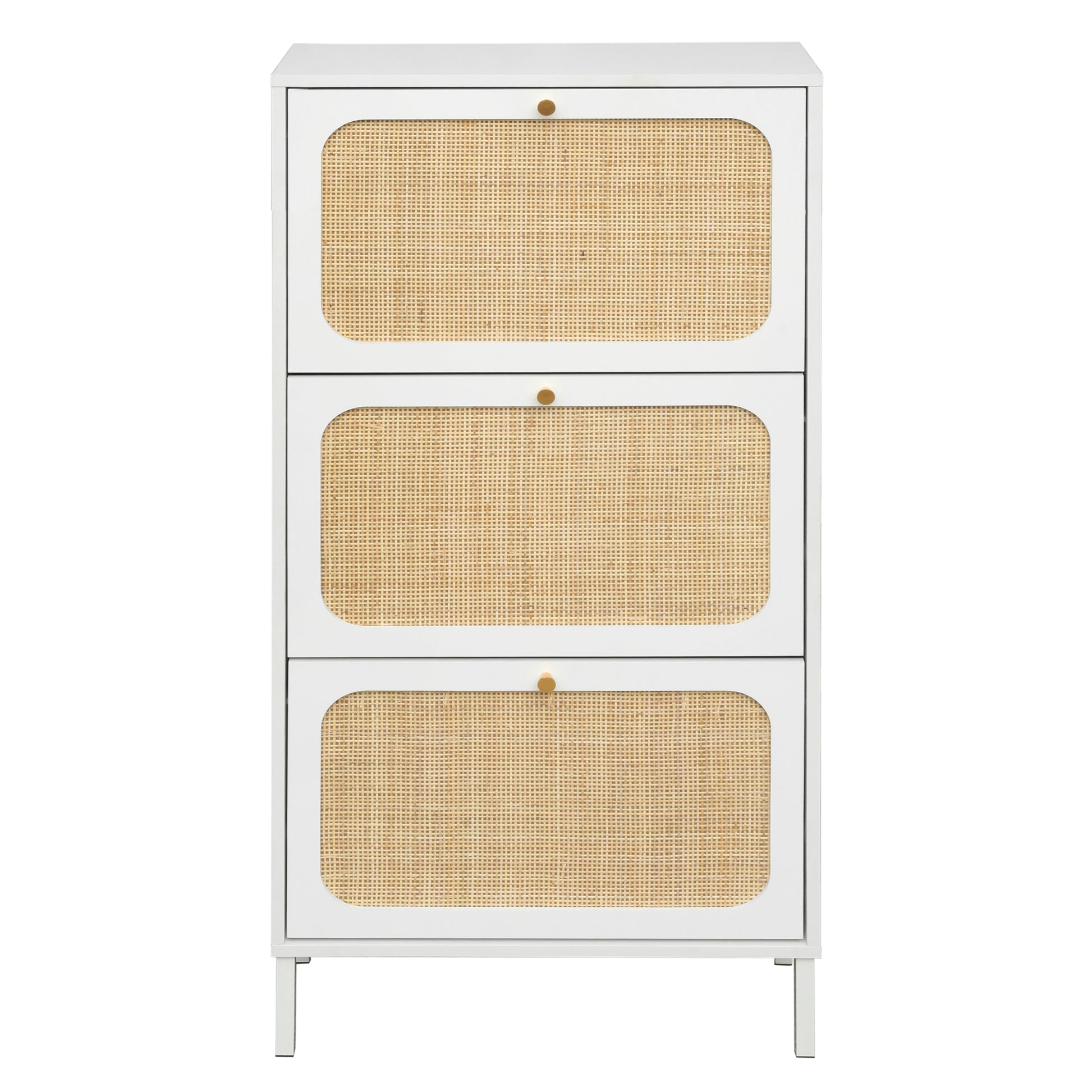Natural Rattan 3 Door Shoe Rack, Freestanding Modern Shoe Storage Cabinet, For Entryway White Particle Board