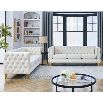 Contact Us For 3D Modeling Velvet Sofa For Living Room,Buttons Tufted Square Arm Couch, Modern Couch Upholstered Button And Metal Legs, Sofa Couch For Bedroom, Beige Velvet ,2Pcs Beige Foam Velvet