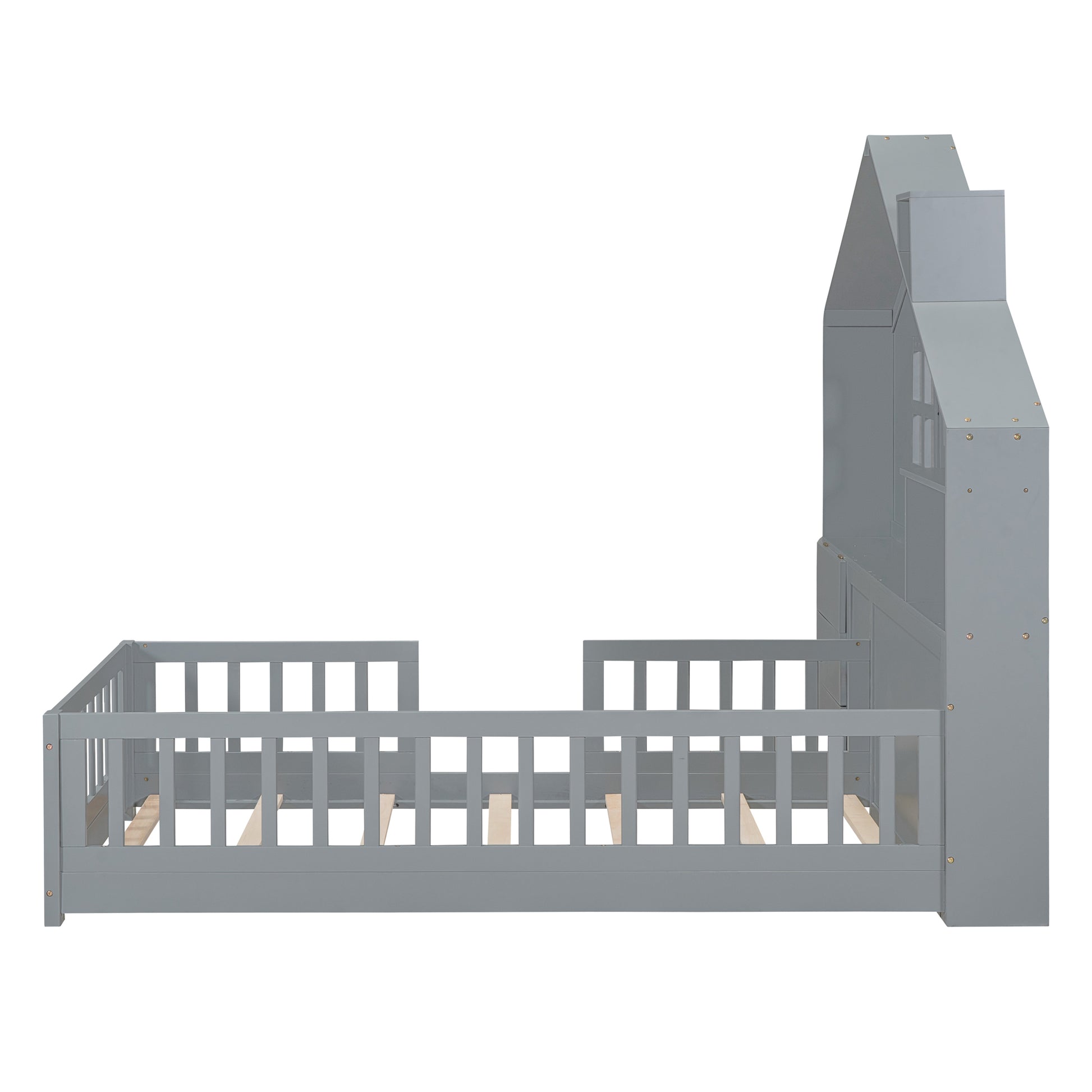 Twin Size House Bed With Window And Bedside Drawers, Platform Bed With Shelves And A Set Of Sockets And Usb Port, Gray Gray Solid Wood Mdf