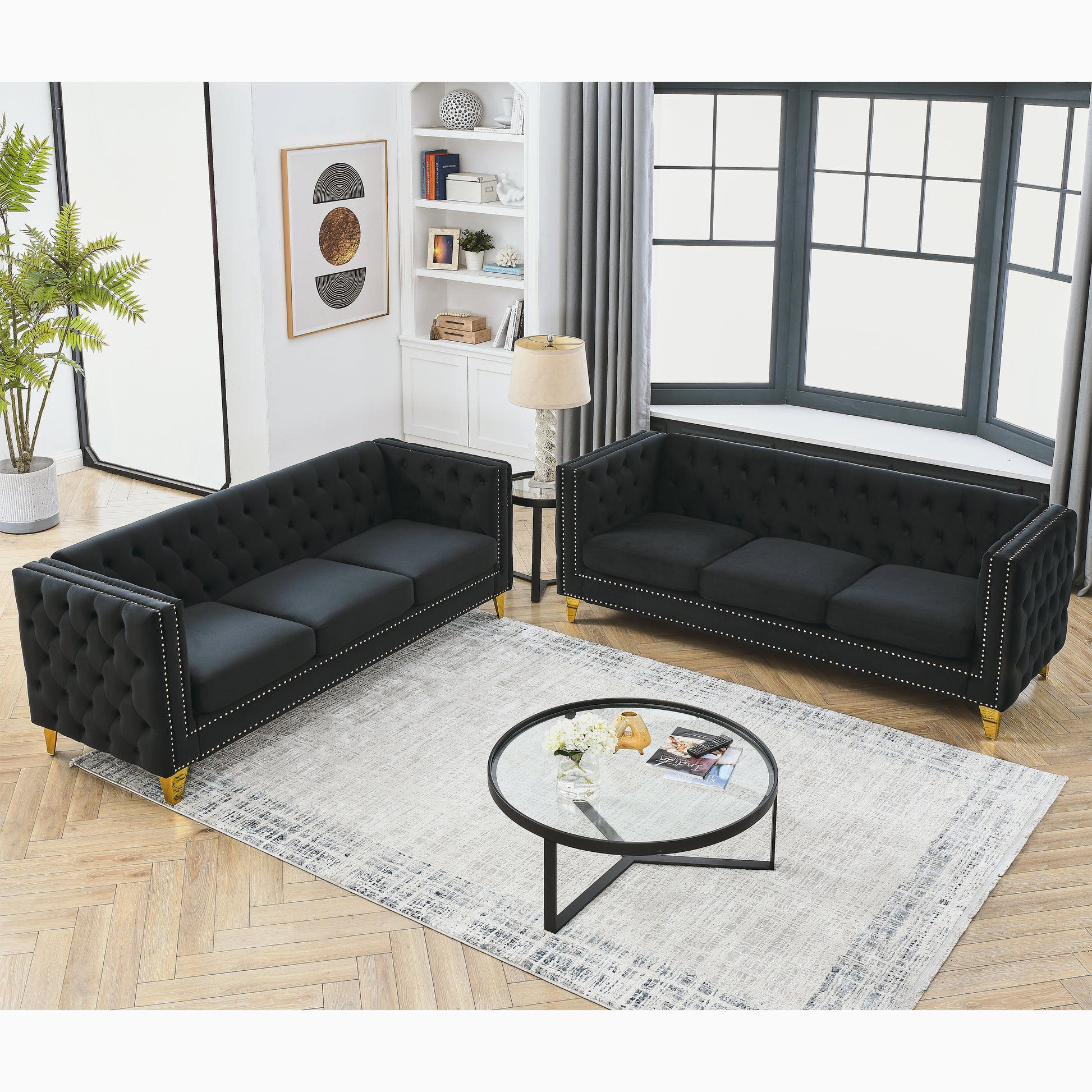 Contact Us For 3D Modeling Velvet Sofa For Living Room,Buttons Tufted Square Arm Couch, Modern Couch Upholstered Button And Metal Legs, Sofa Couch For Bedroom, Black Velvet ,2Pcs Black Foam Velvet