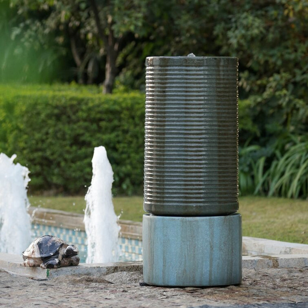 44" Tall Large Round Green Ribbed Tower Water Fountain, Verge Bronze, Cement Outdoor Bird Feeder Bath Fountain Antique Green Garden & Outdoor Antique,Contemporary,Industrial,Modern Cement