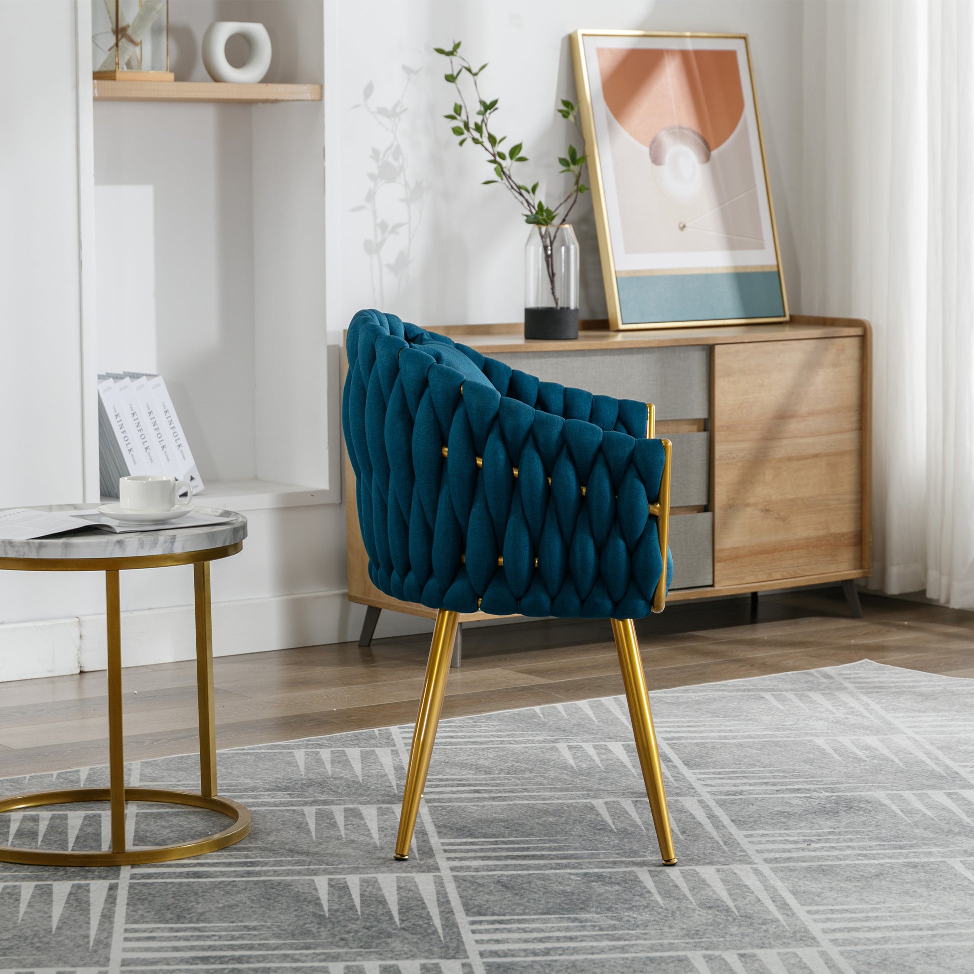 Handwoven Modern Chairs, Casual Chairs, Universal Foot Nails, Metal Chair Legs With Pillows Peacock Blue Navy Green Primary Living Space Linen