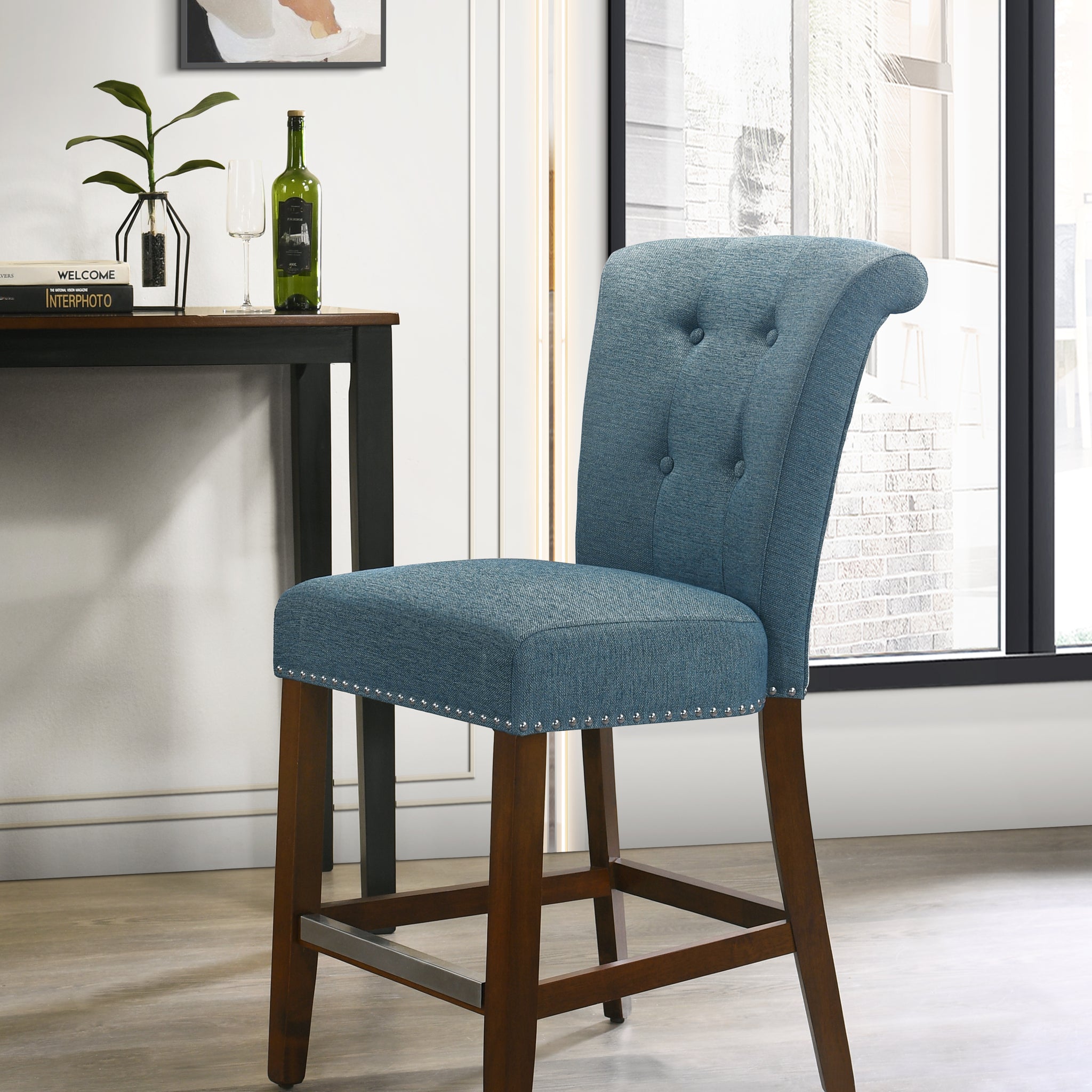 Auggie 20.5" Blue Fabric Counter Height Chair With Trim Blue Fabric