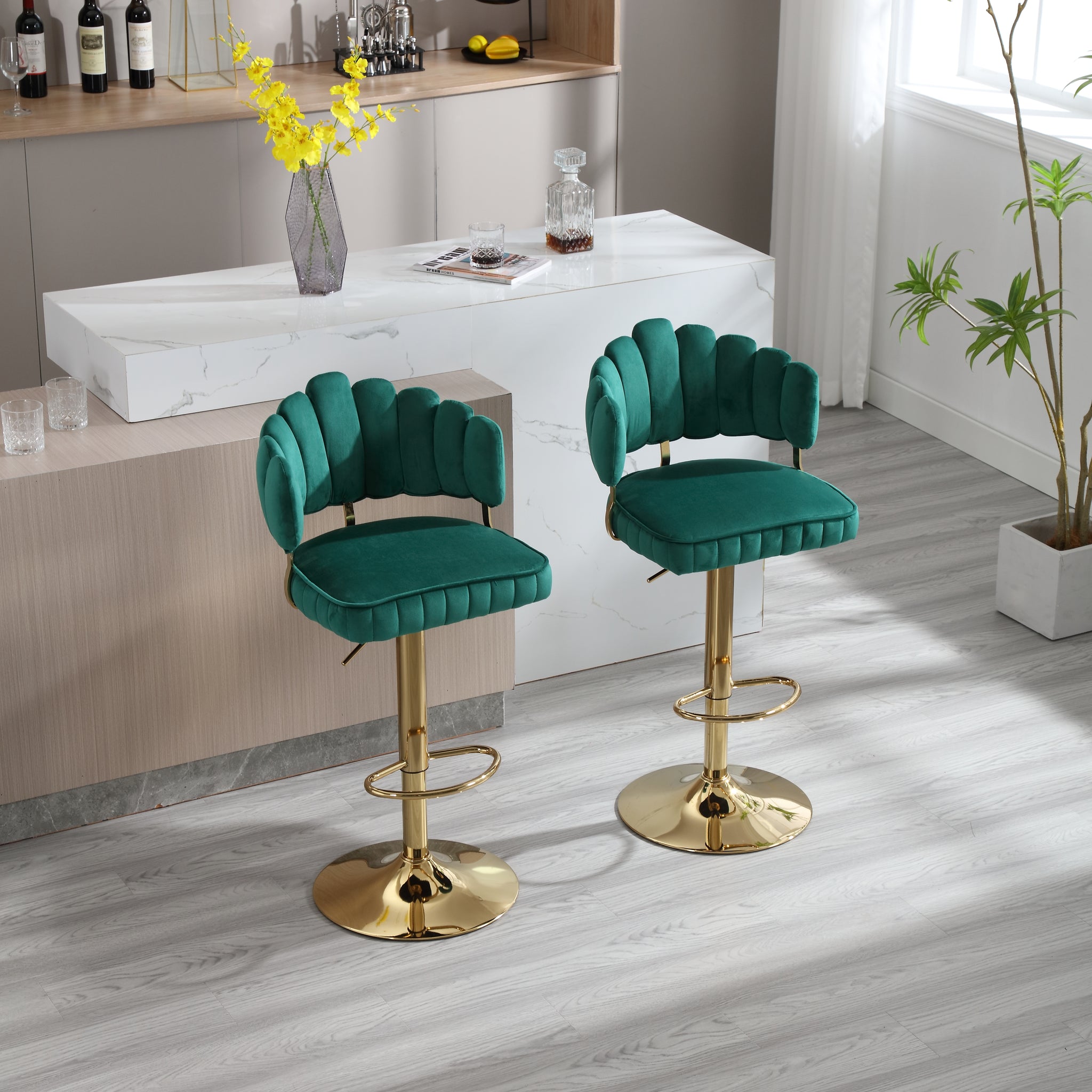 Coolmore Swivel Bar Stools Set Of 2 Adjustable Counter Height Chairs With Footrest For Kitchen, Dining Room Emerald Velvet