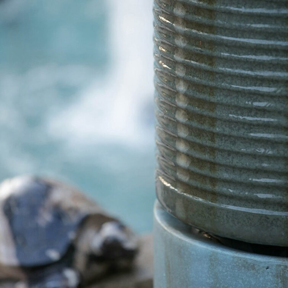 44" Tall Large Round Green Ribbed Tower Water Fountain, Verge Bronze, Cement Outdoor Bird Feeder Bath Fountain Antique Green Garden & Outdoor Antique,Contemporary,Industrial,Modern Cement