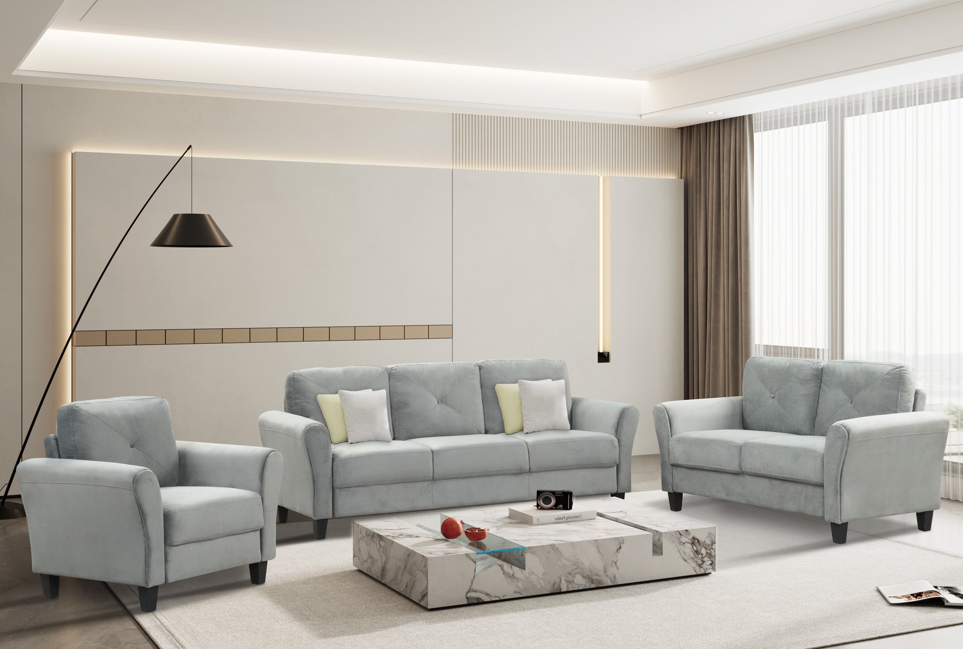 Fashionable Living Room Sofa For 3 People, Gray Fabric Antique Dark Grey Brown Polyester Wood Primary Living Space Soft American Traditional Rubberwood Memory Foam And Polyurethane Foam Polyester 3