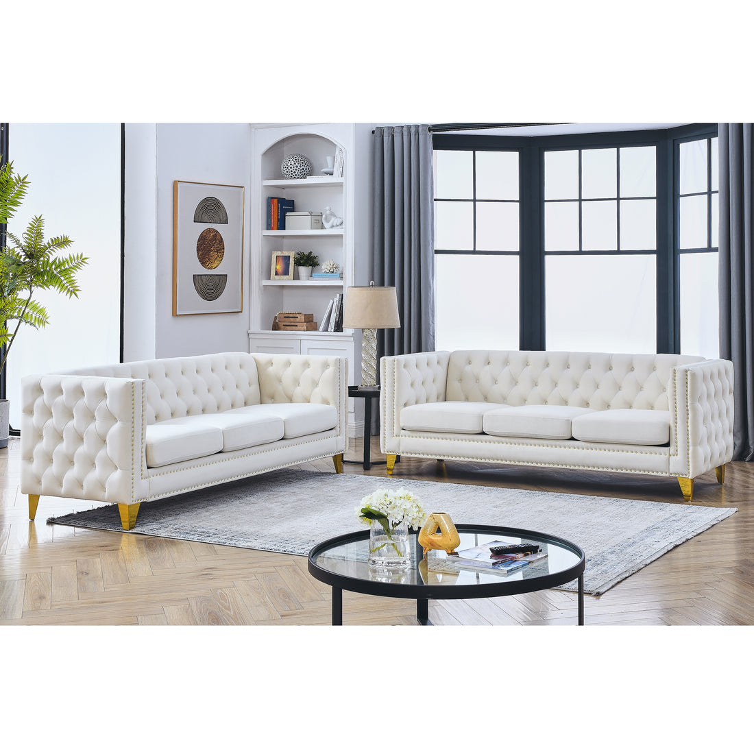 Contact Us For 3D Modeling Velvet Sofa For Living Room,Buttons Tufted Square Arm Couch, Modern Couch Upholstered Button And Metal Legs, Sofa Couch For Bedroom, Beige Velvet ,2Pcs Beige Foam Velvet