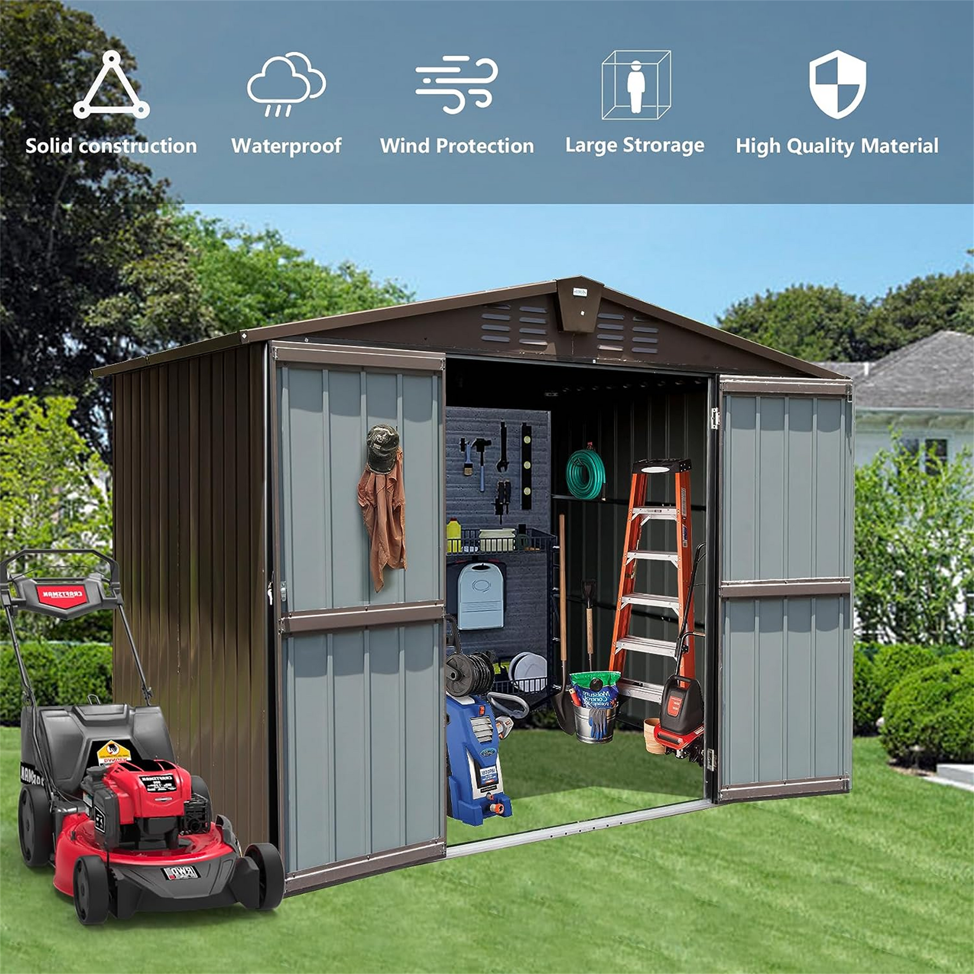 Outdoor Storage Shed 8.2' X 6.2', Metal Steel Utility Tool Shed Storage House With Double Lockable Doors & Air Vents For Backyard Patio Garden Lawn Brown Brown Metal