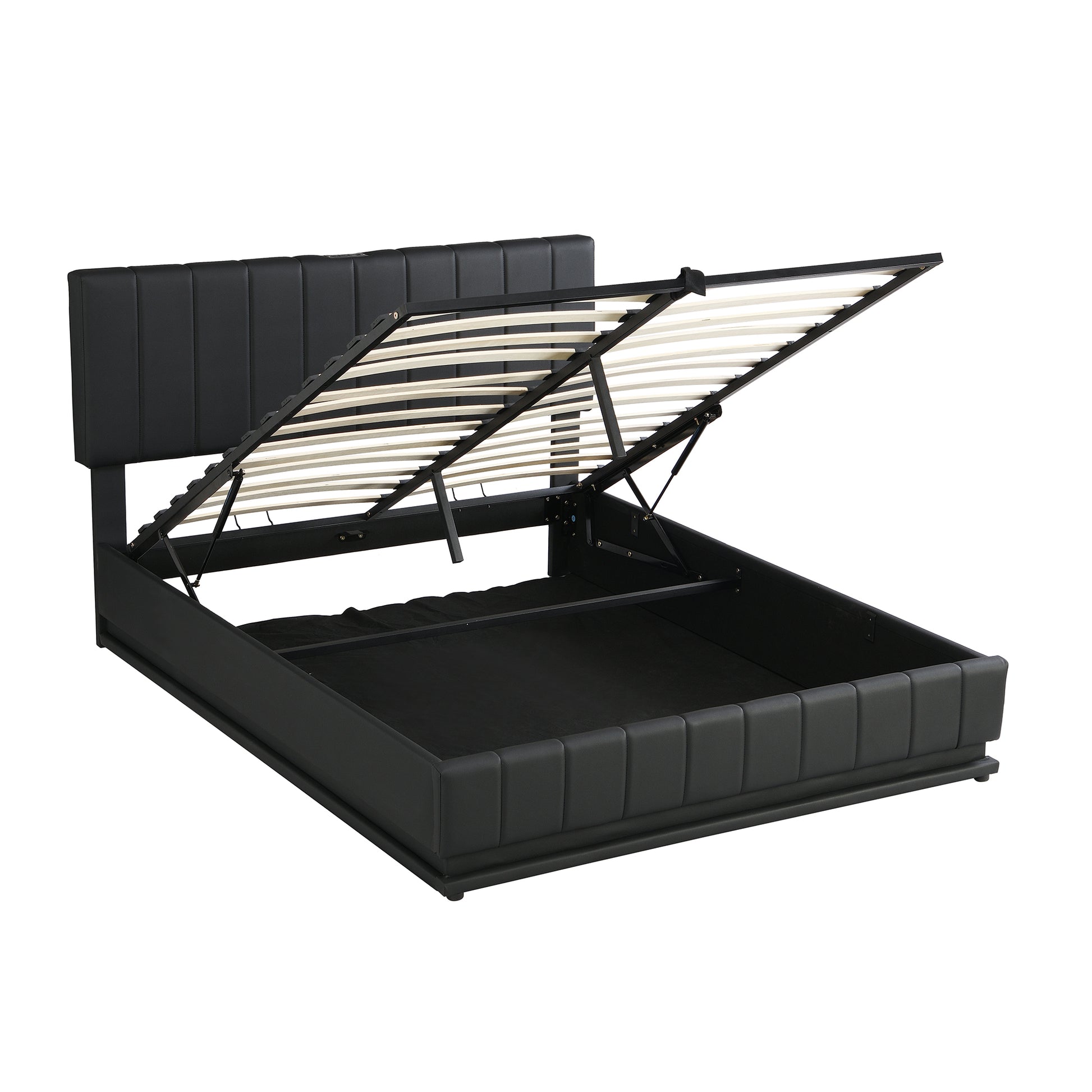 Queen Size Upholstered Bed With Hydraulic Storage System And Led Light, Modern Platform Bed With Sockets And Usb Ports, Black Black Pu Leather